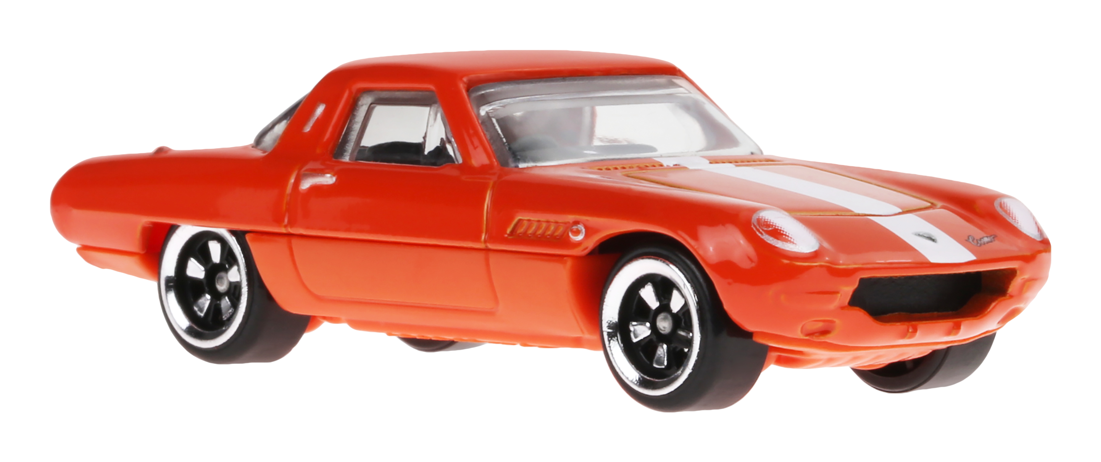 Coche de juguete naranja con raya blanca, ruedas negras y llantas cromadas. Es un coche de estilo vintage.