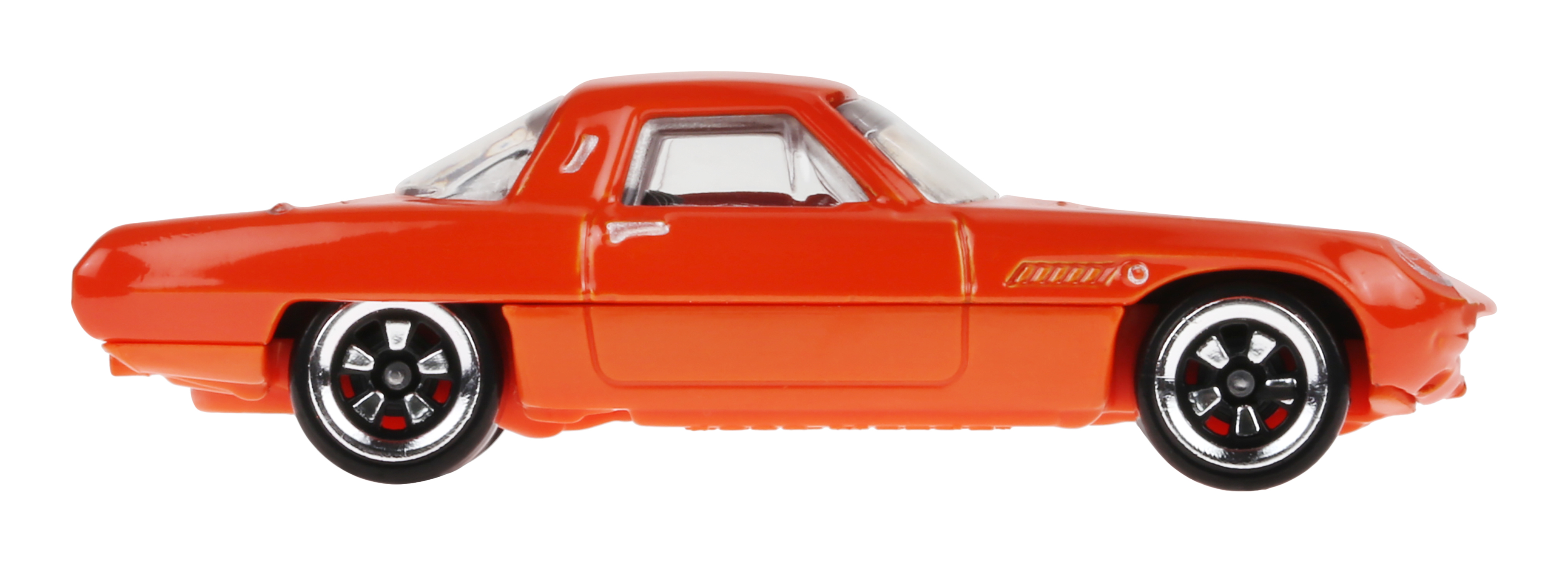 Un coche de juguete naranja con un diseño elegante, ruedas negras y llantas plateadas.