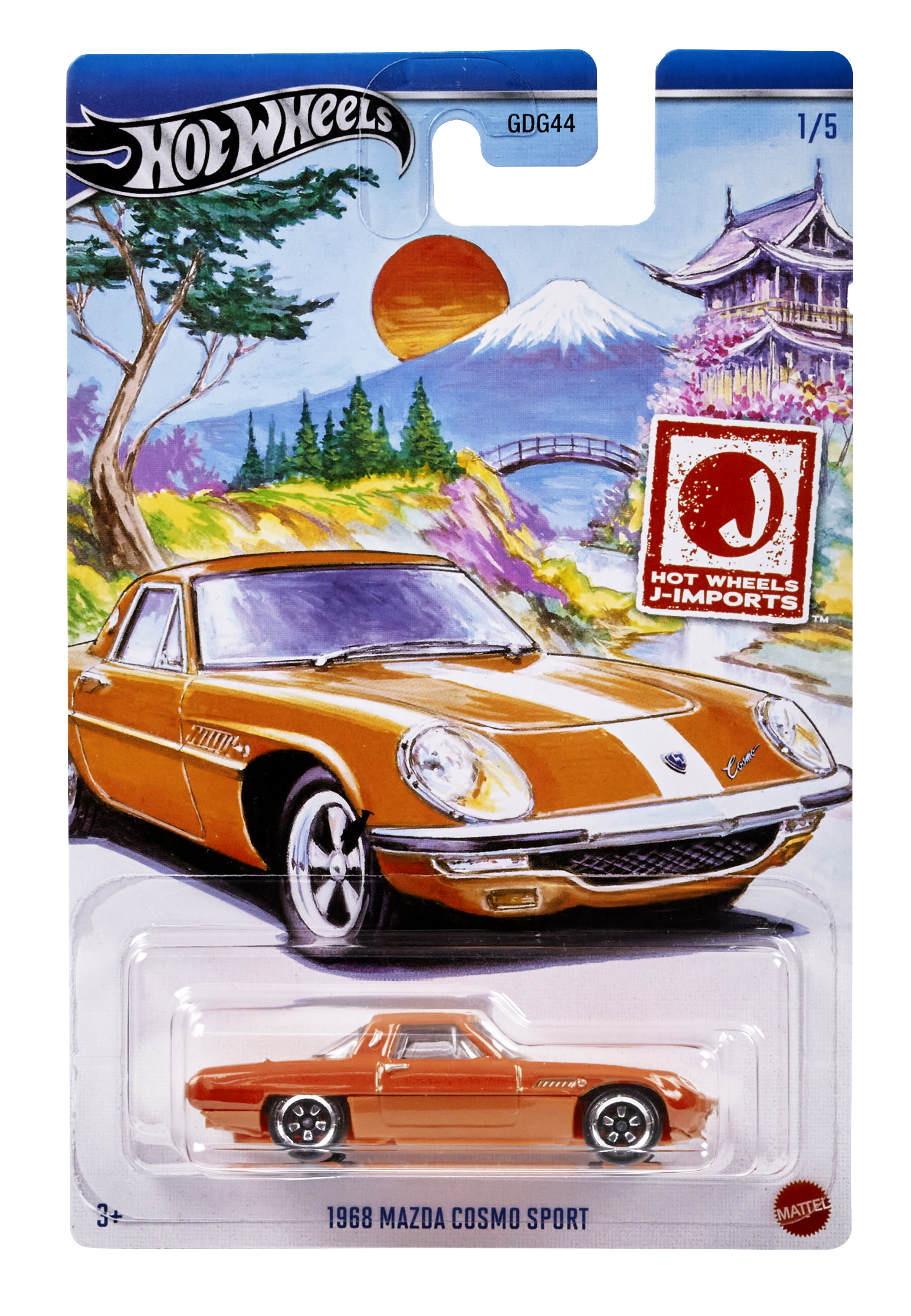 Un paquete de coches Hot Wheels que muestra un coche naranja con un fondo de temática japonesa.