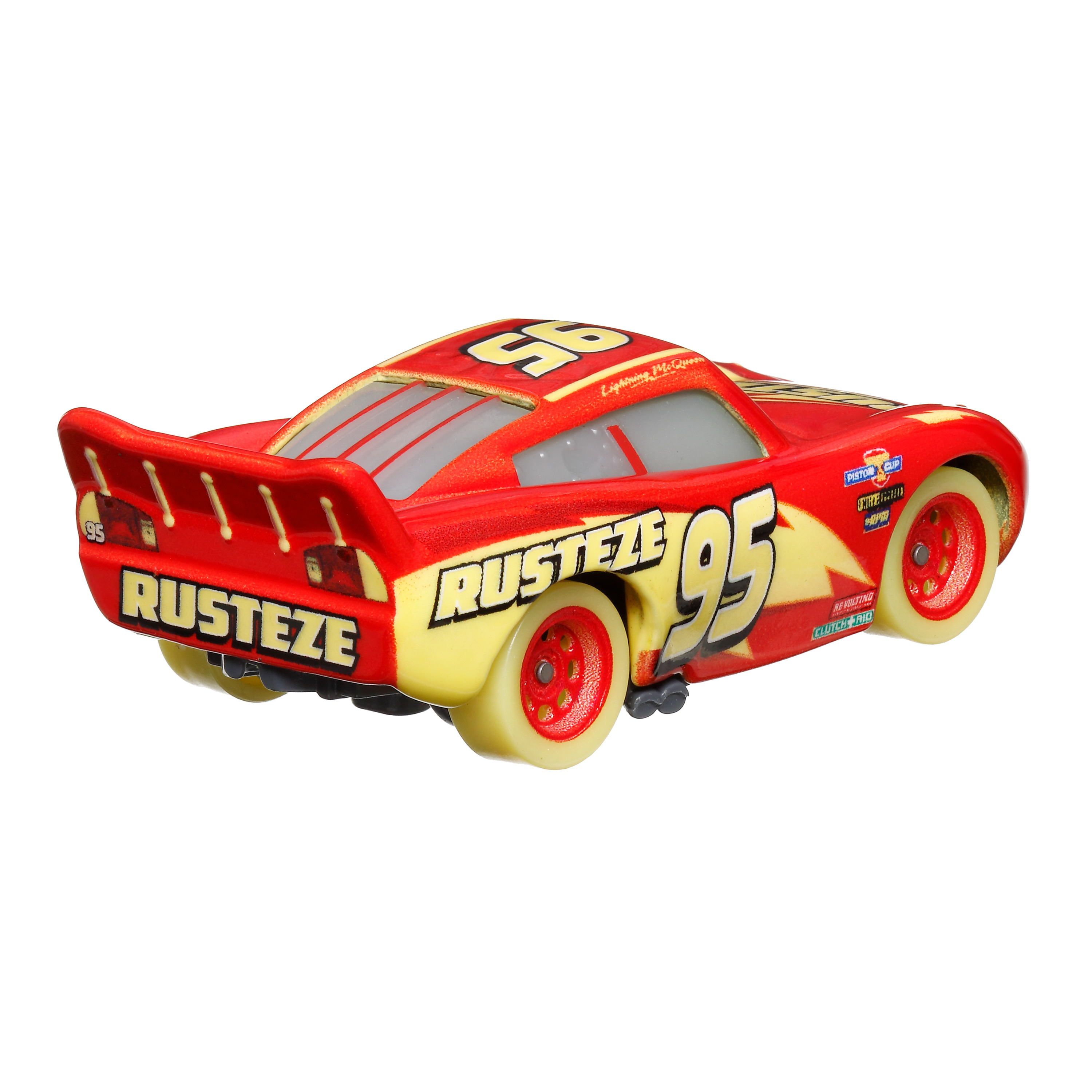 Czerwony samochód Lightning McQueen, numer 95, z żółtymi i czarnymi detalami, na białym tle.