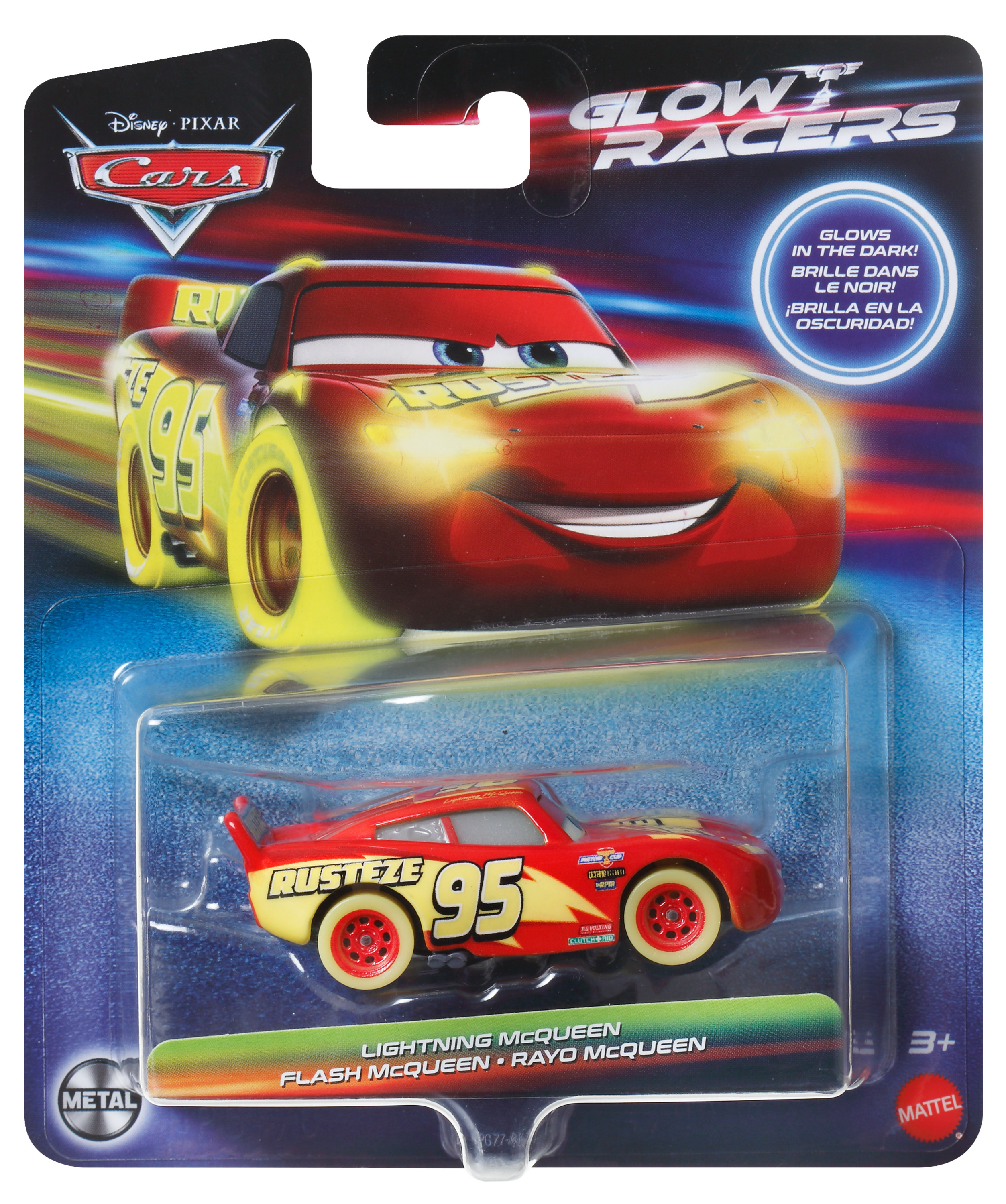 Spielzeugauto-Verpackung mit Lightning McQueen, rotes und gelbes Auto, in Blisterpackung.