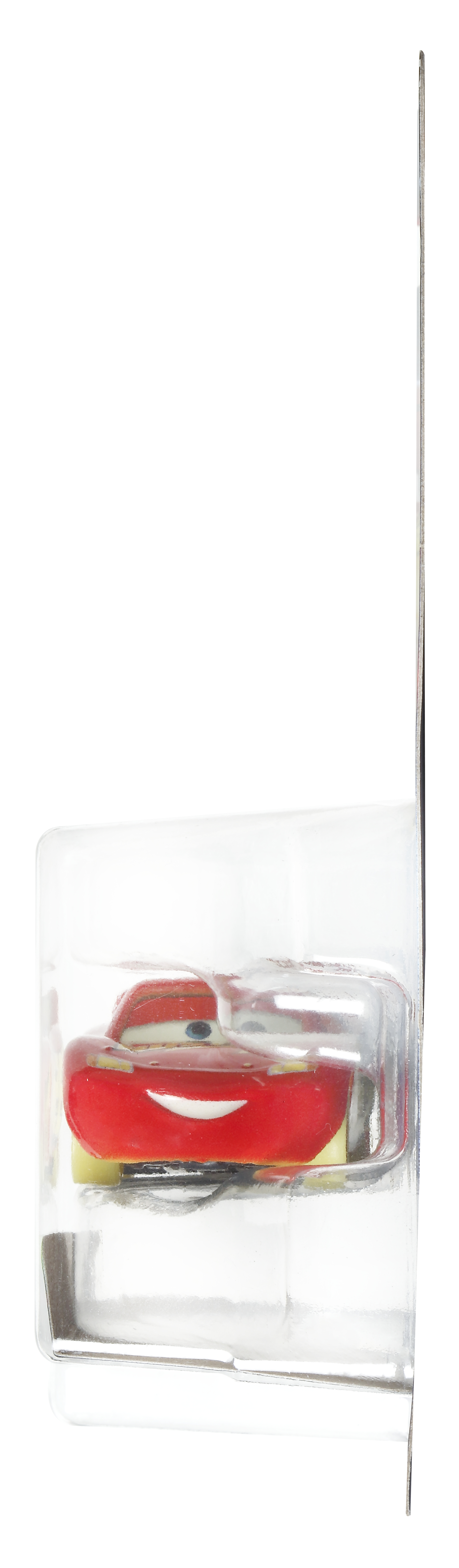 Ein rotes Lightning McQueen Spielzeugauto ist in einem durchsichtigen Plastikbehälter verpackt.