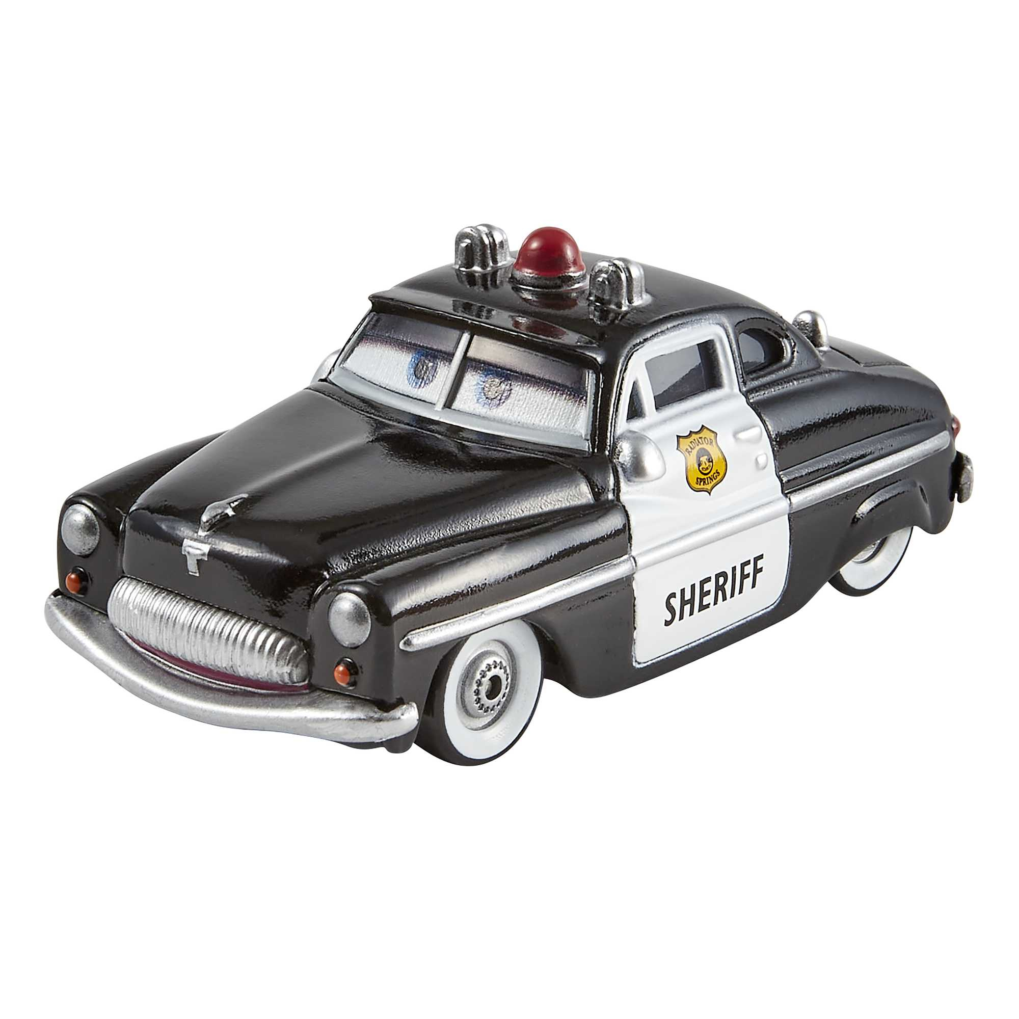 Czarno-biały zabawkowy radiowóz z napisem Sheriff z boku. Czerwone światło na górze. Białe tło.