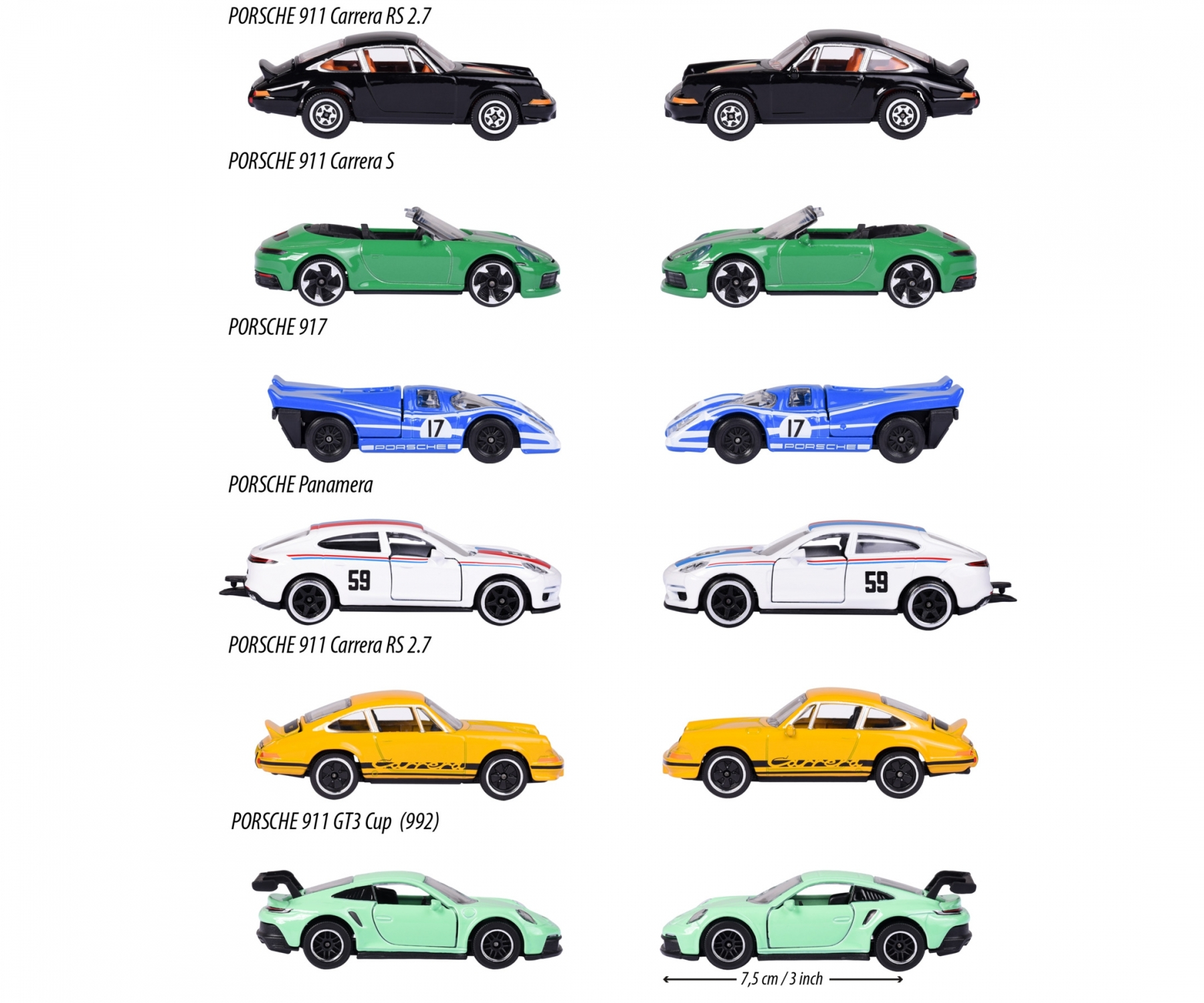 Kolekcja zabawek samochodów Porsche. Różne kolory, takie jak czarny, zielony, biały, żółty i niebieski. Białe tło.