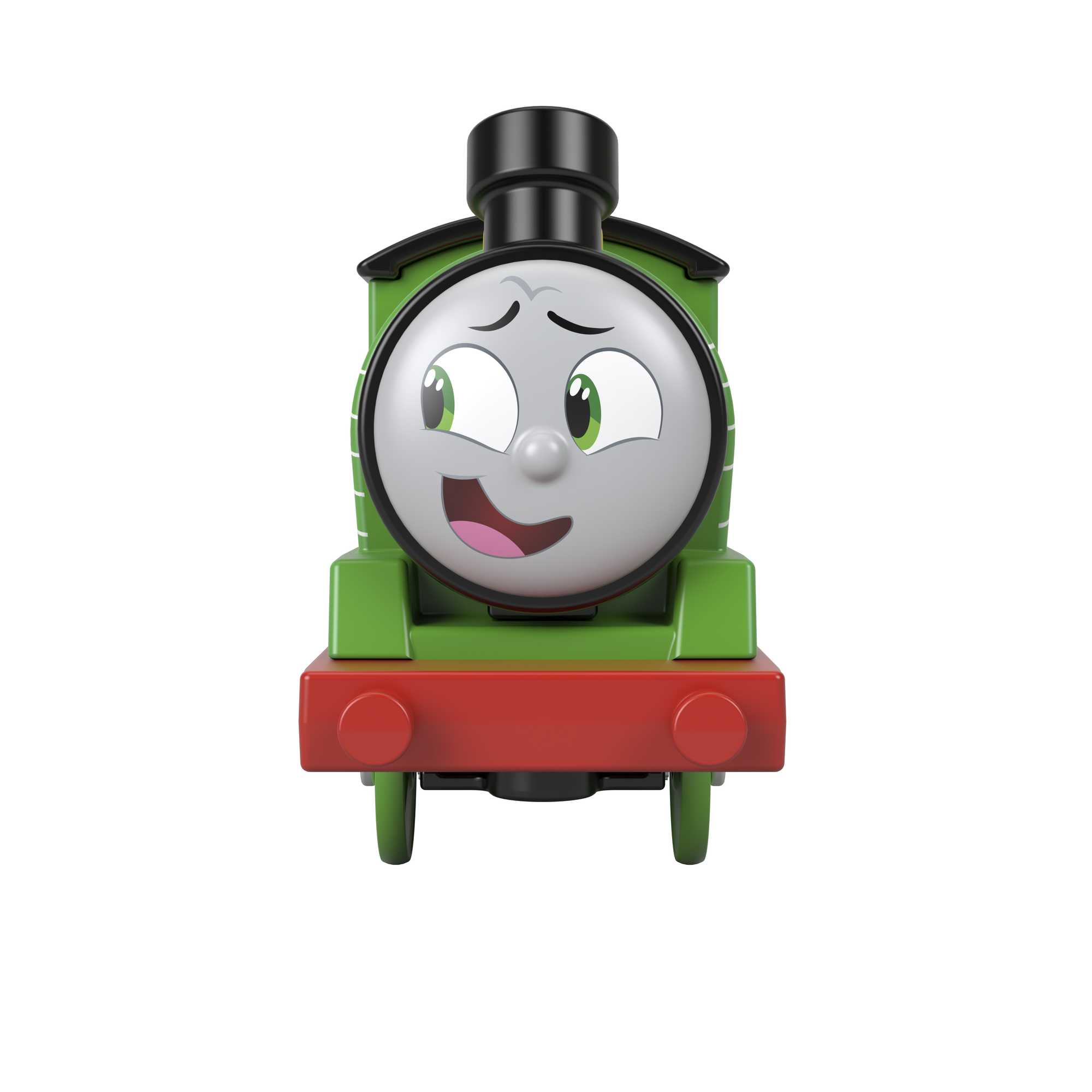 Vorderansicht eines grünen Thomas the Tank Engine Spielzeugzugs mit einem lächelnden Gesicht auf weißem Hintergrund.