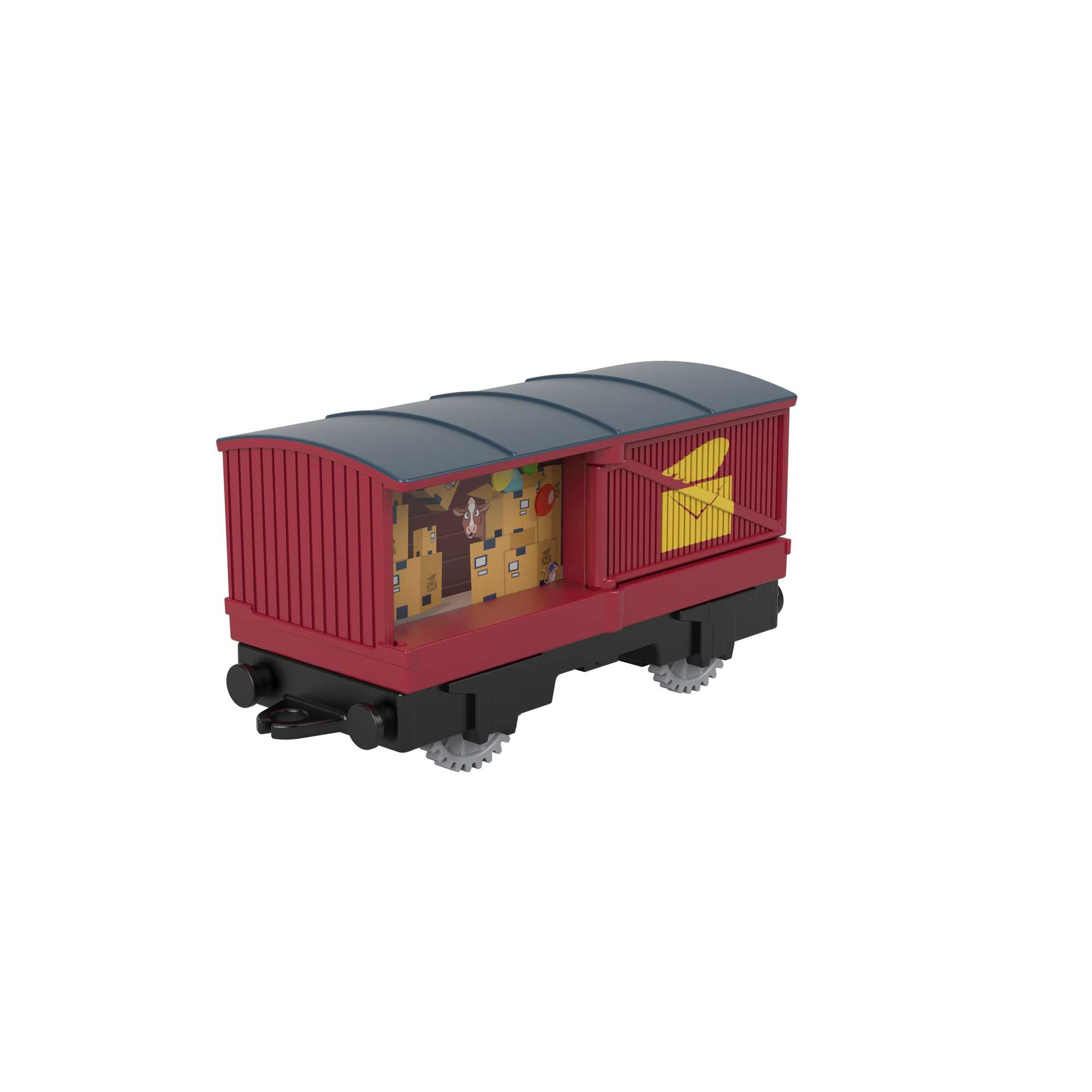 Ein roter Spielzeugwagen mit dunklem Dach. Er hat eine gelbe Zahl 2. Innen sind Kisten.