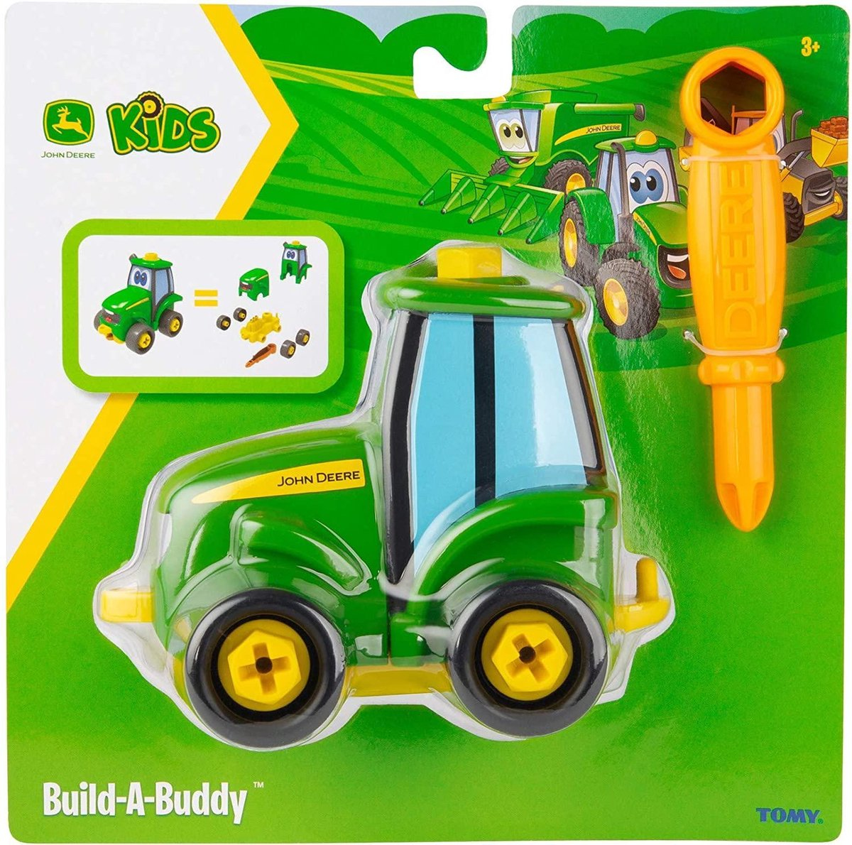 Ein grünes John Deere Traktorspielzeug mit gelbem Schraubenschlüssel und Build-a-Buddy-Konzept.