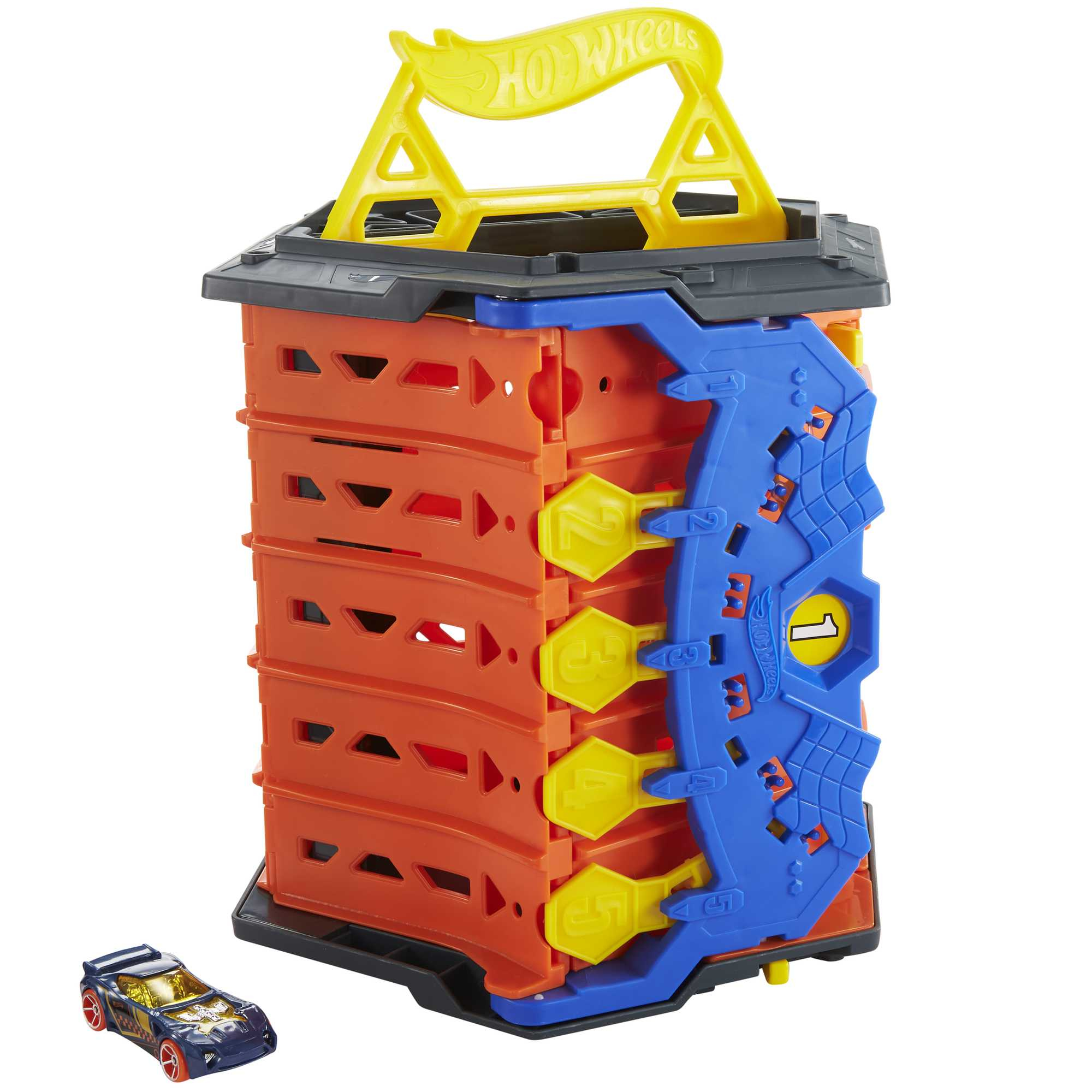 Pojemnik do przechowywania zabawek Hot Wheels, z samochodem, pomarańczowy i niebieski. Ma liczby.