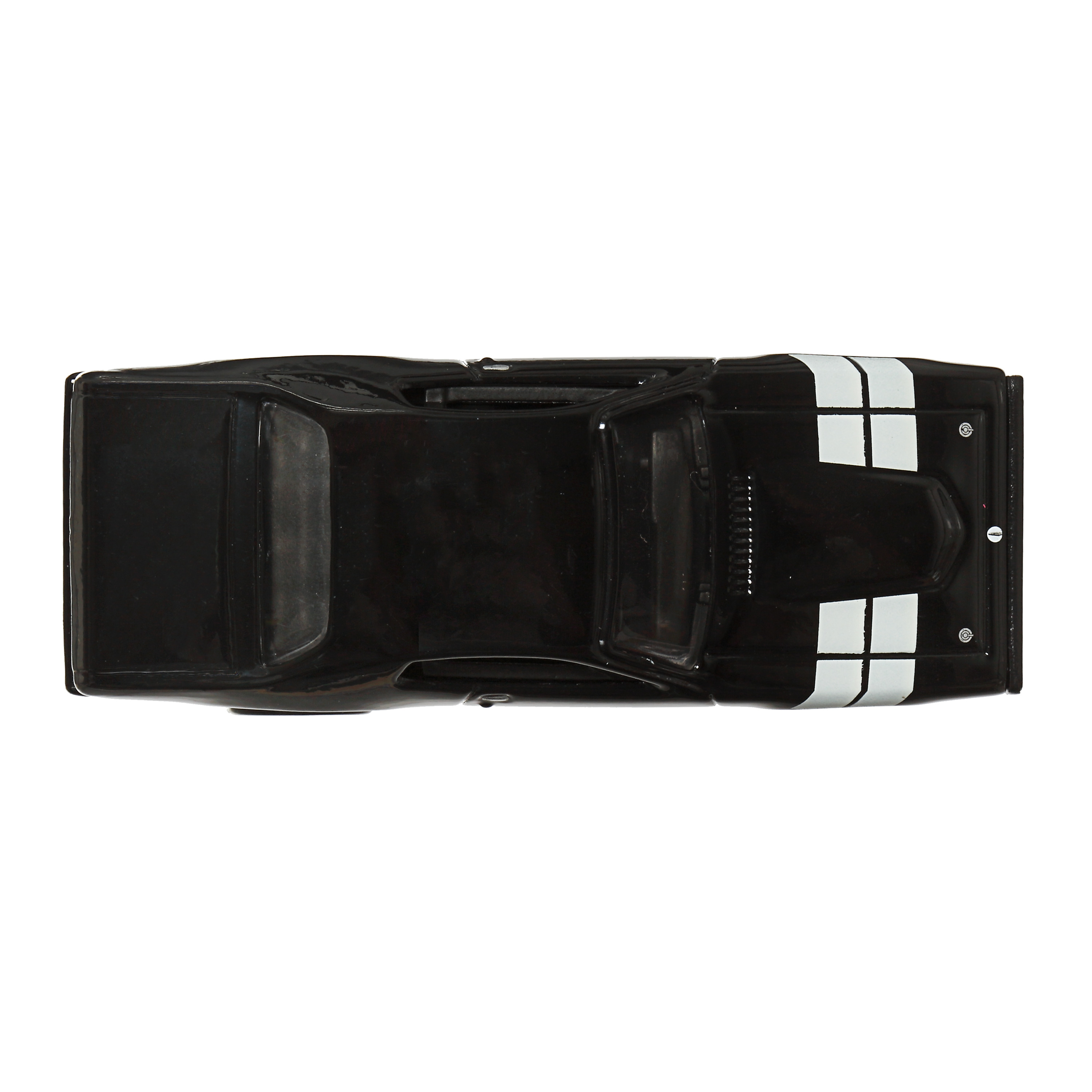 Czarny zabawkowy samochód z białymi paskami na górze. Tło to gładka biała powierzchnia.