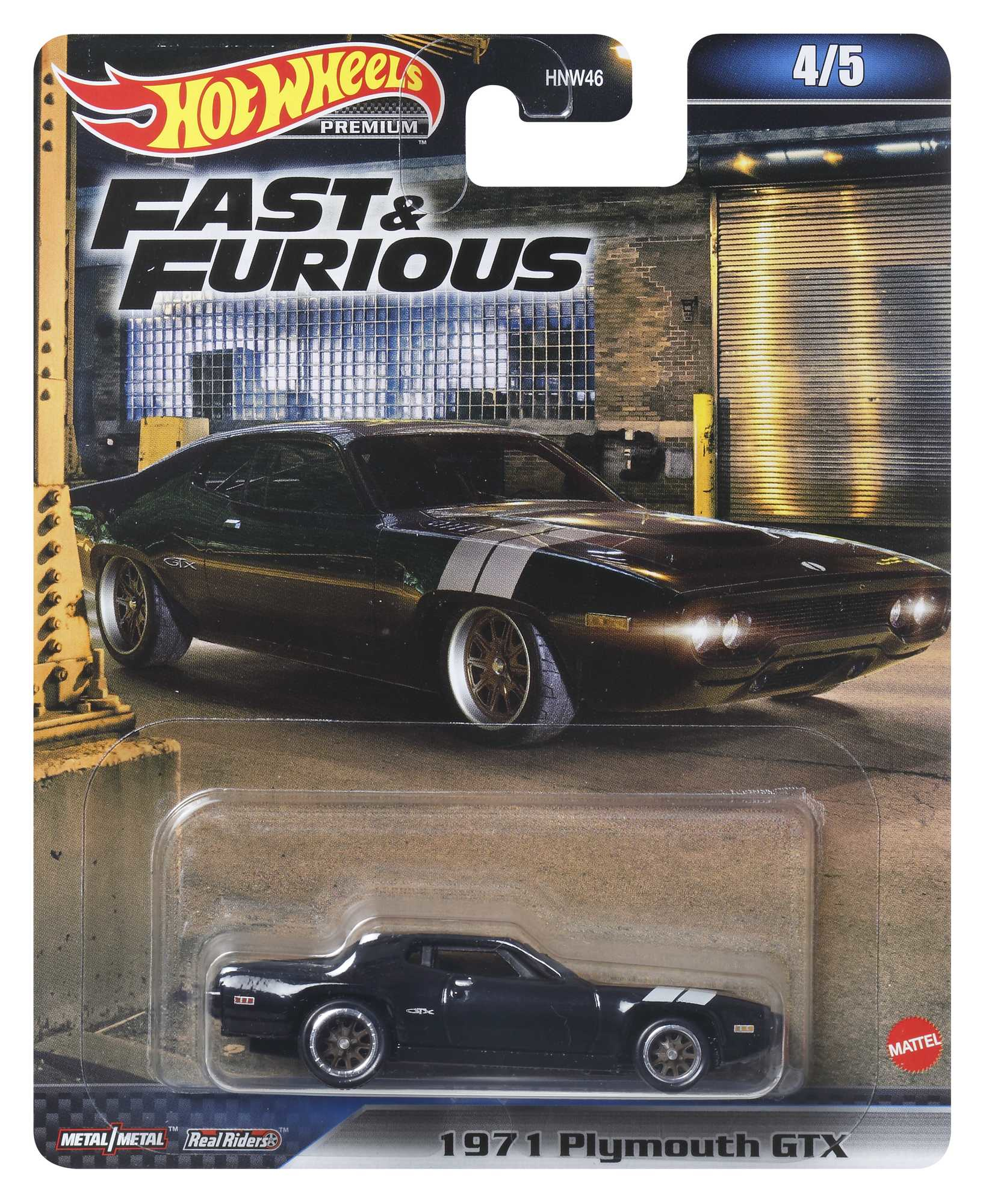 Samochód Hot Wheels Fast & Furious, czarny z białymi paskami, w opakowaniu.