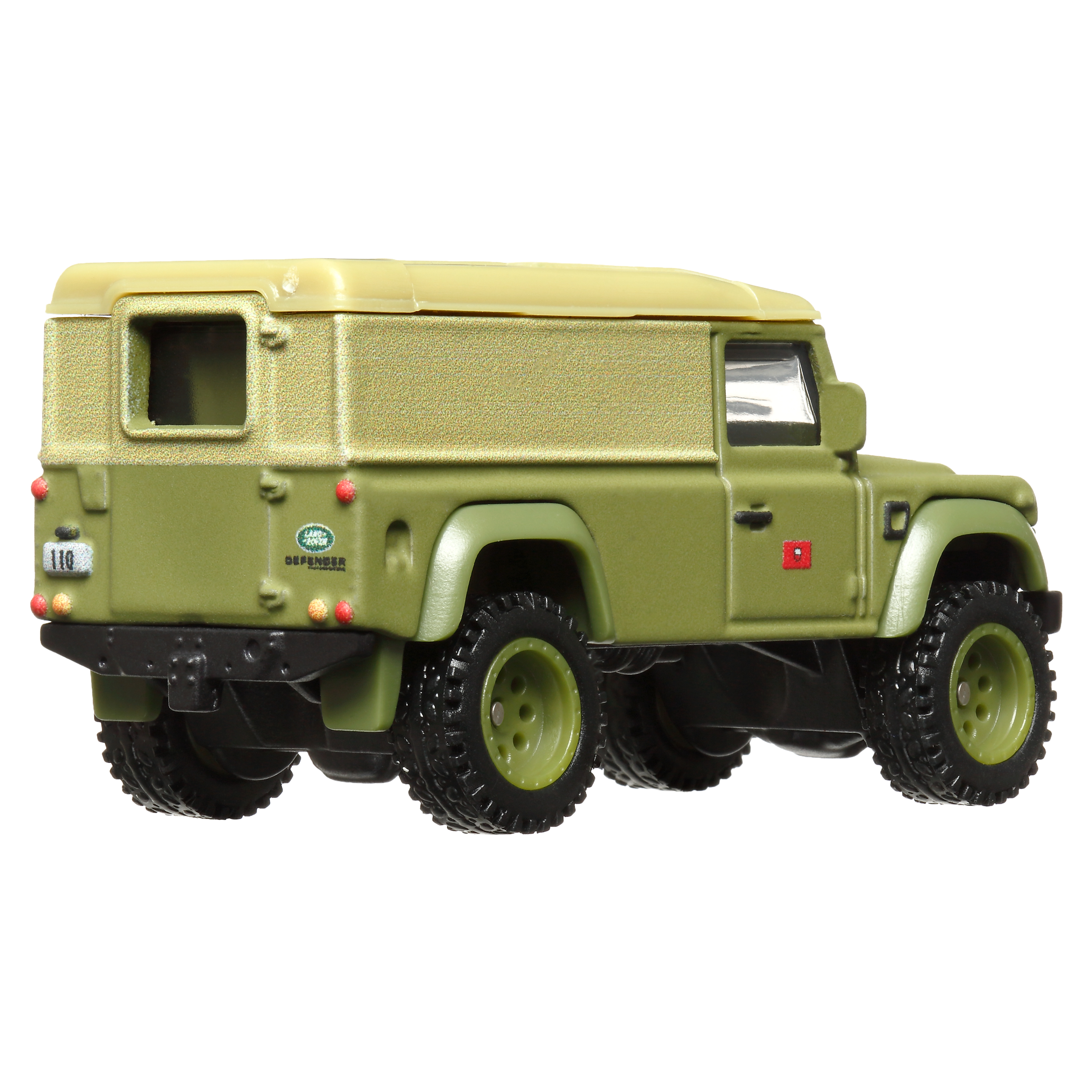 Grünes Land Rover Defender Spielzeugauto mit beigem Dach. Rückansicht auf weißem Hintergrund.