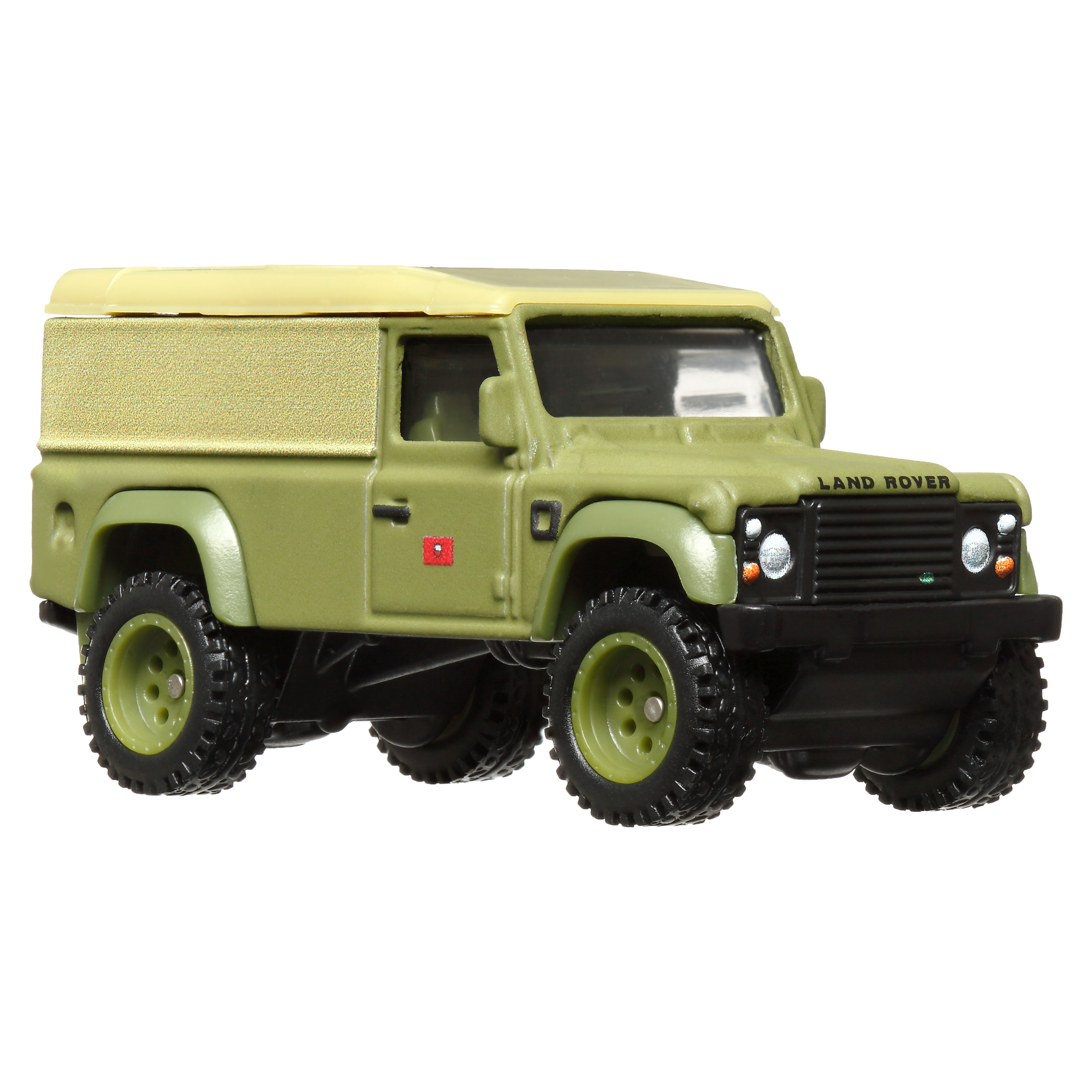 Ein olivgrünes Land Rover Spielzeugauto.