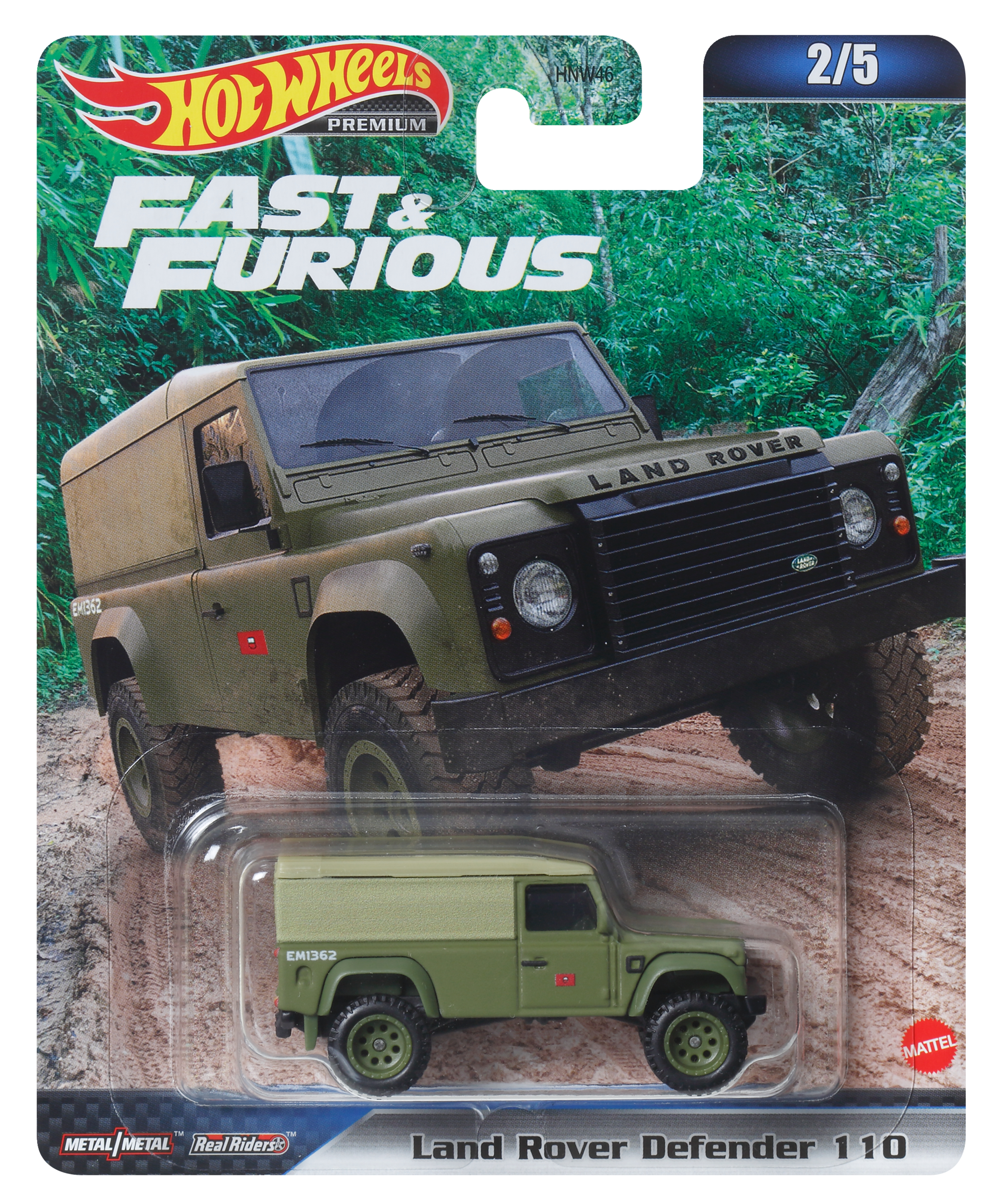 Ein Land Rover Defender Spielzeugauto in einer Verpackung.