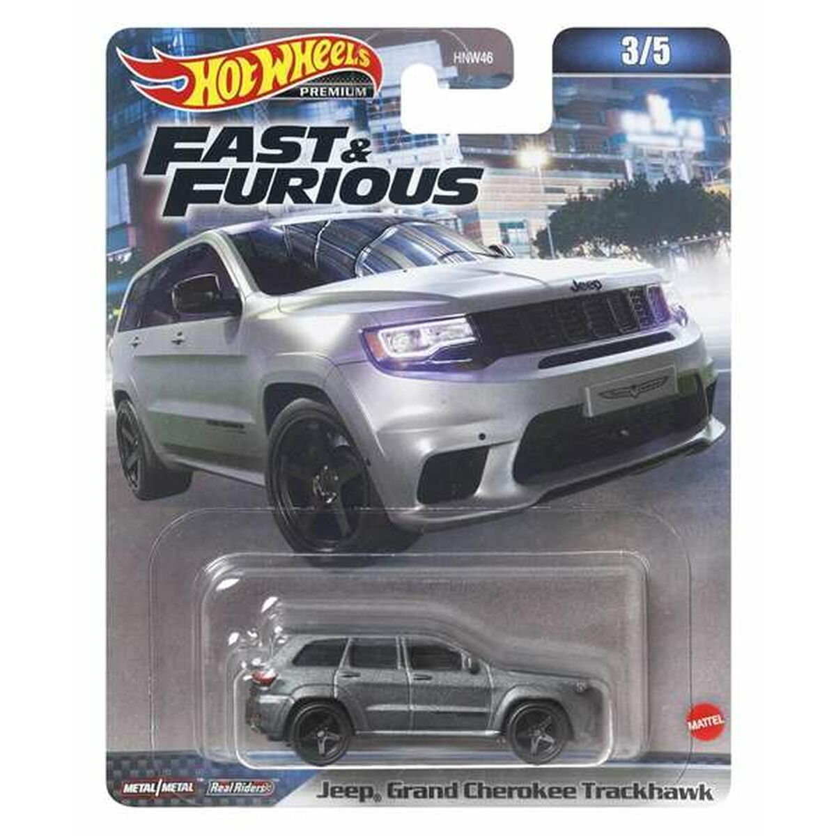 Hot Wheels Fast & Furious srebrny Jeep Grand Cherokee Trackhawk na blistrze.