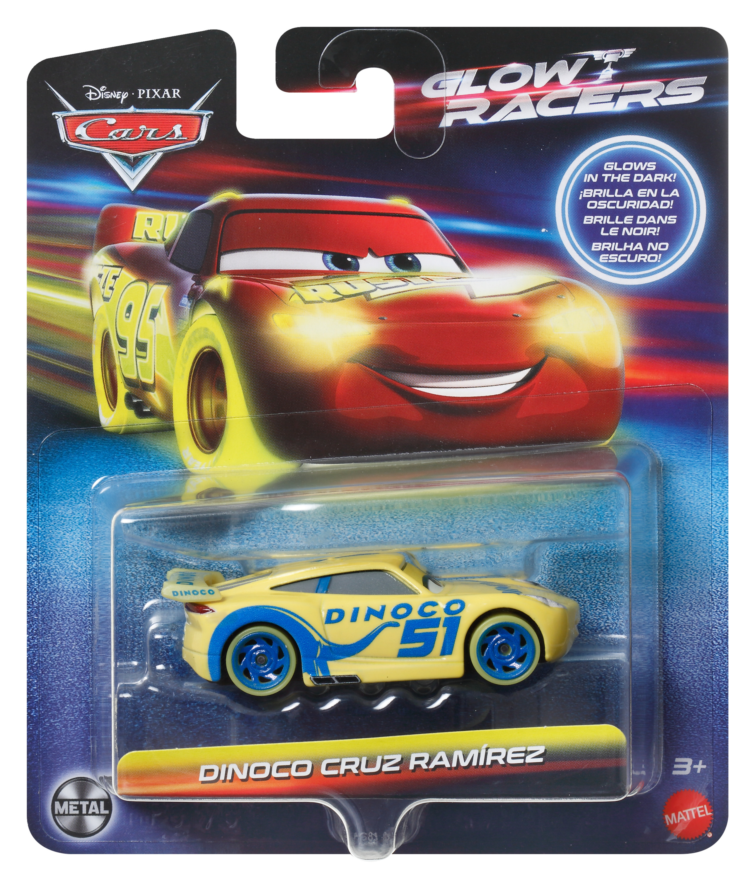 Verpacktes Spielzeugauto. Gelbes Auto mit 'Dinoco Cruz Ramírez' und '51' Branding. Mit 'Glow Racers' Branding.