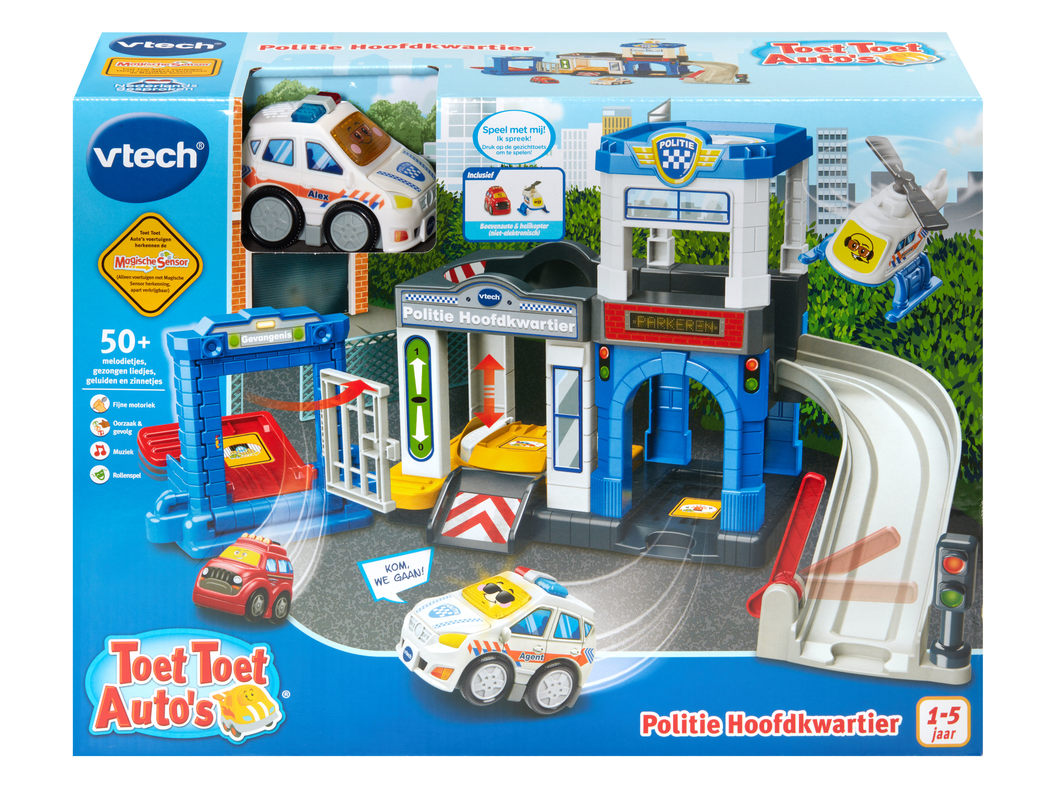 Stazione di polizia giocattolo in una scatola. Dispone di un edificio, auto e rampa. Colori vivaci con un logo Vtech.
