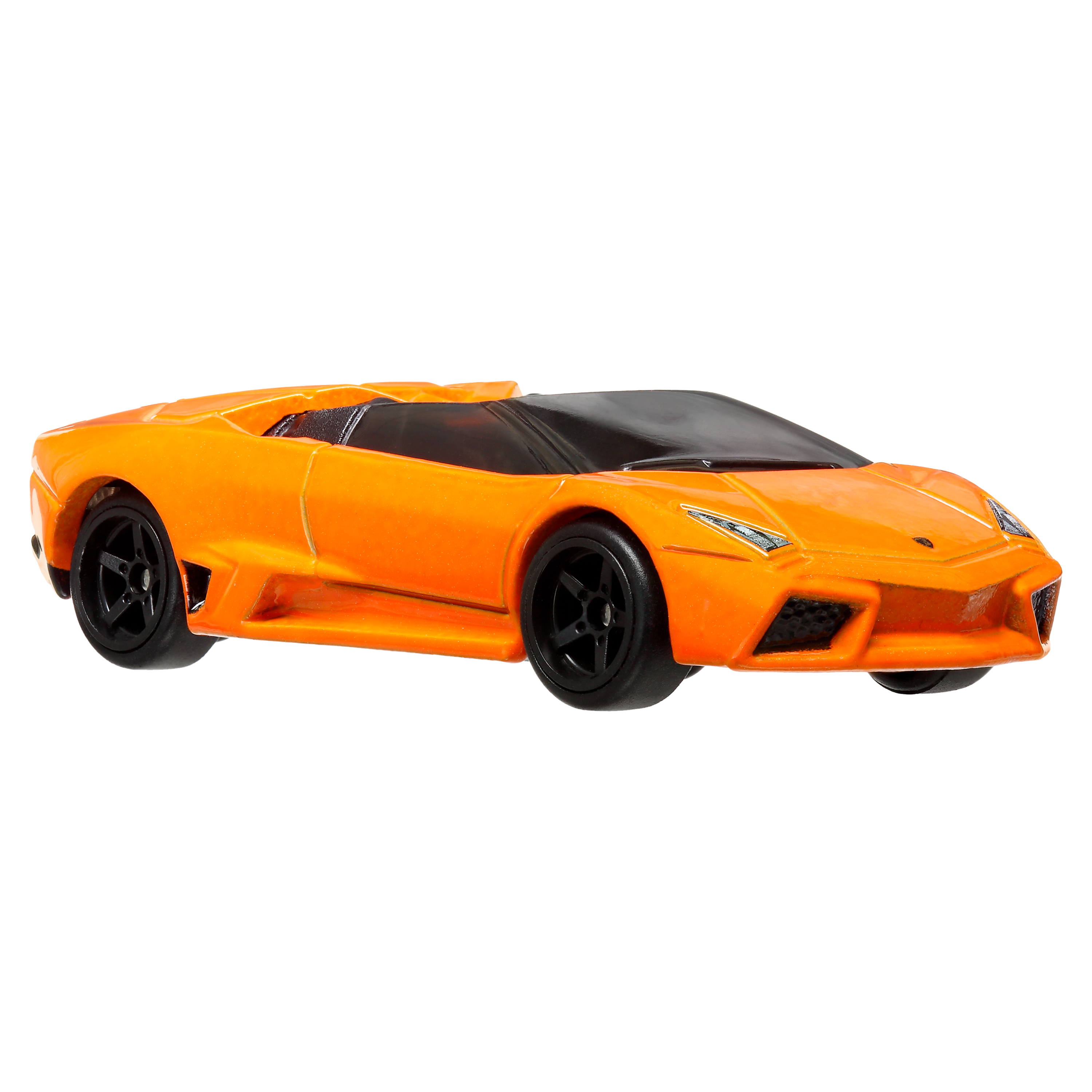 Oranges Spielzeugauto. Schlankes Design mit schwarzen Rädern. Weißer Hintergrund.