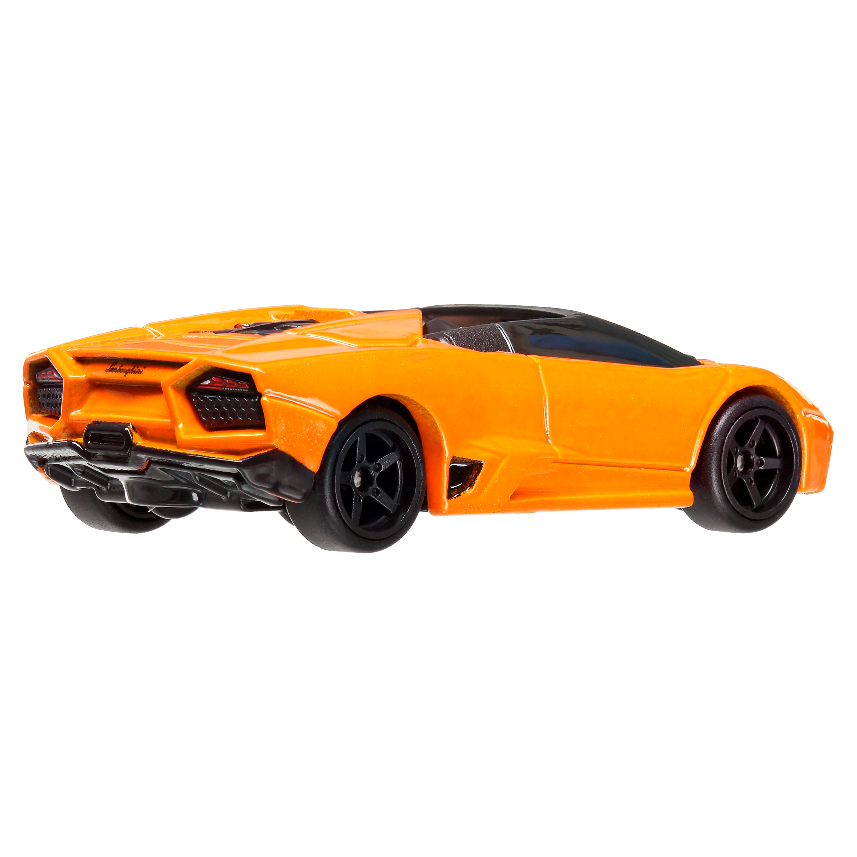 Oranges Spielzeugauto mit schwarzen Rädern und Akzenten. Das Auto ist ein Sportwagen.