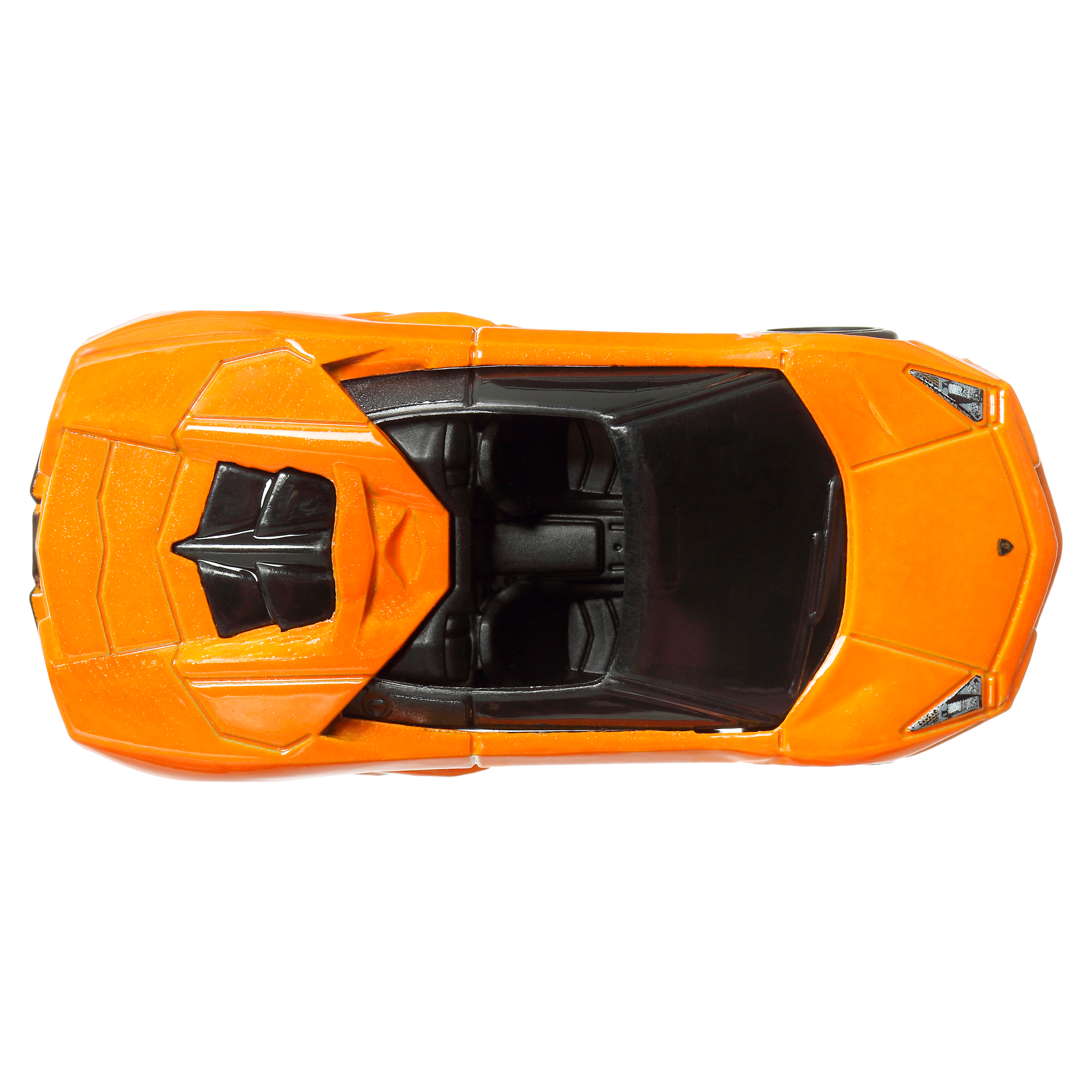Draufsicht eines orangenen Lamborghini-Spielzeugautos mit schwarzem Innenraum auf weißem Hintergrund.