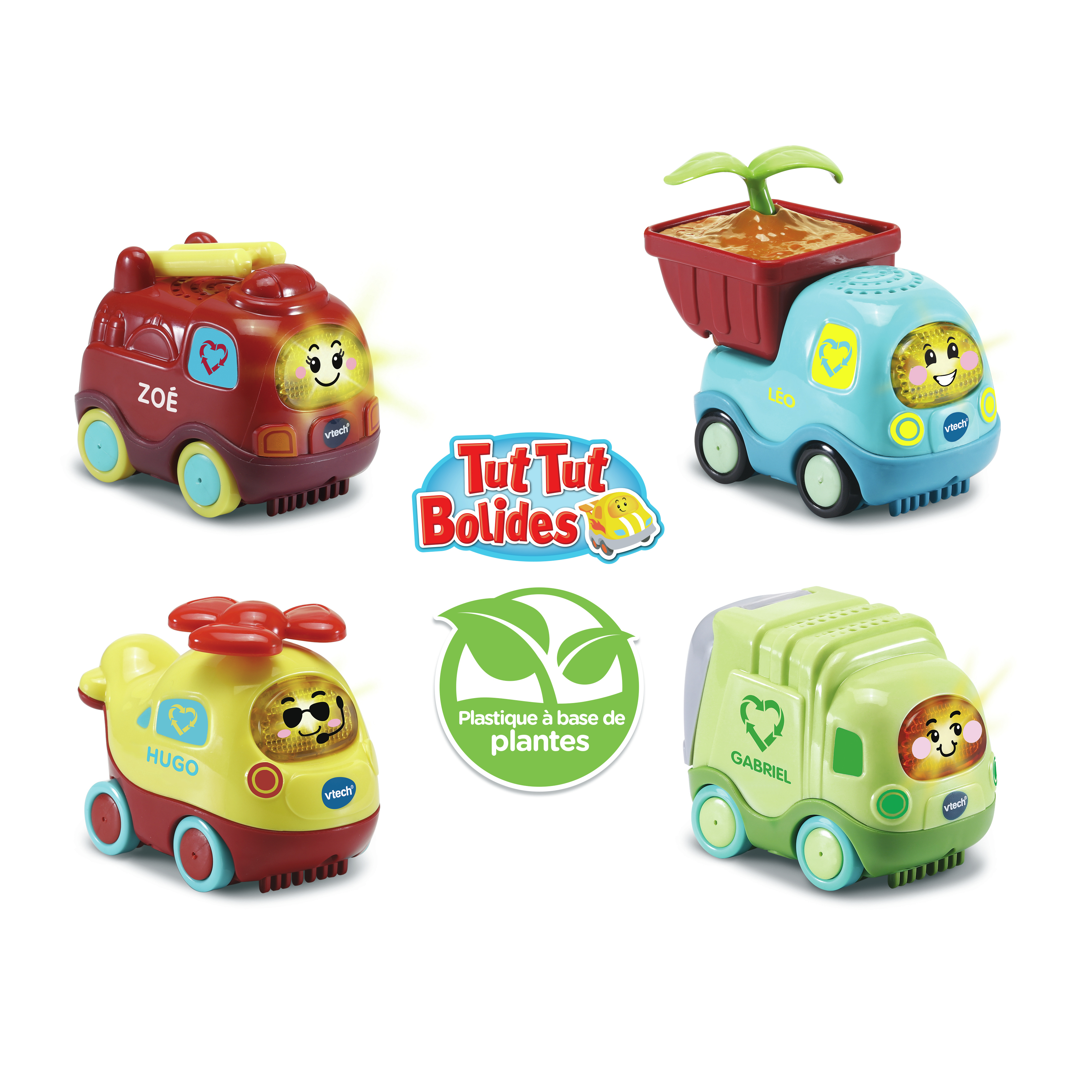 Cztery kolorowe zabawki samochodziki z uśmiechniętymi twarzami i napisem 'Tut Tut Bolides'.