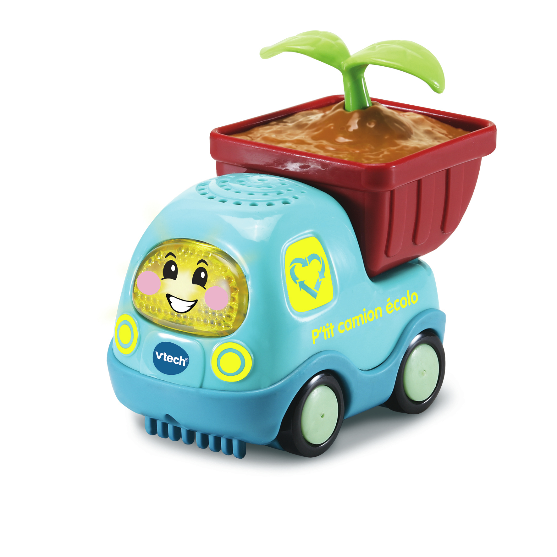 Niebieska zabawka ciężarówka z uśmiechniętą buzią, przewożąca czerwoną skrzynkę z rośliną.