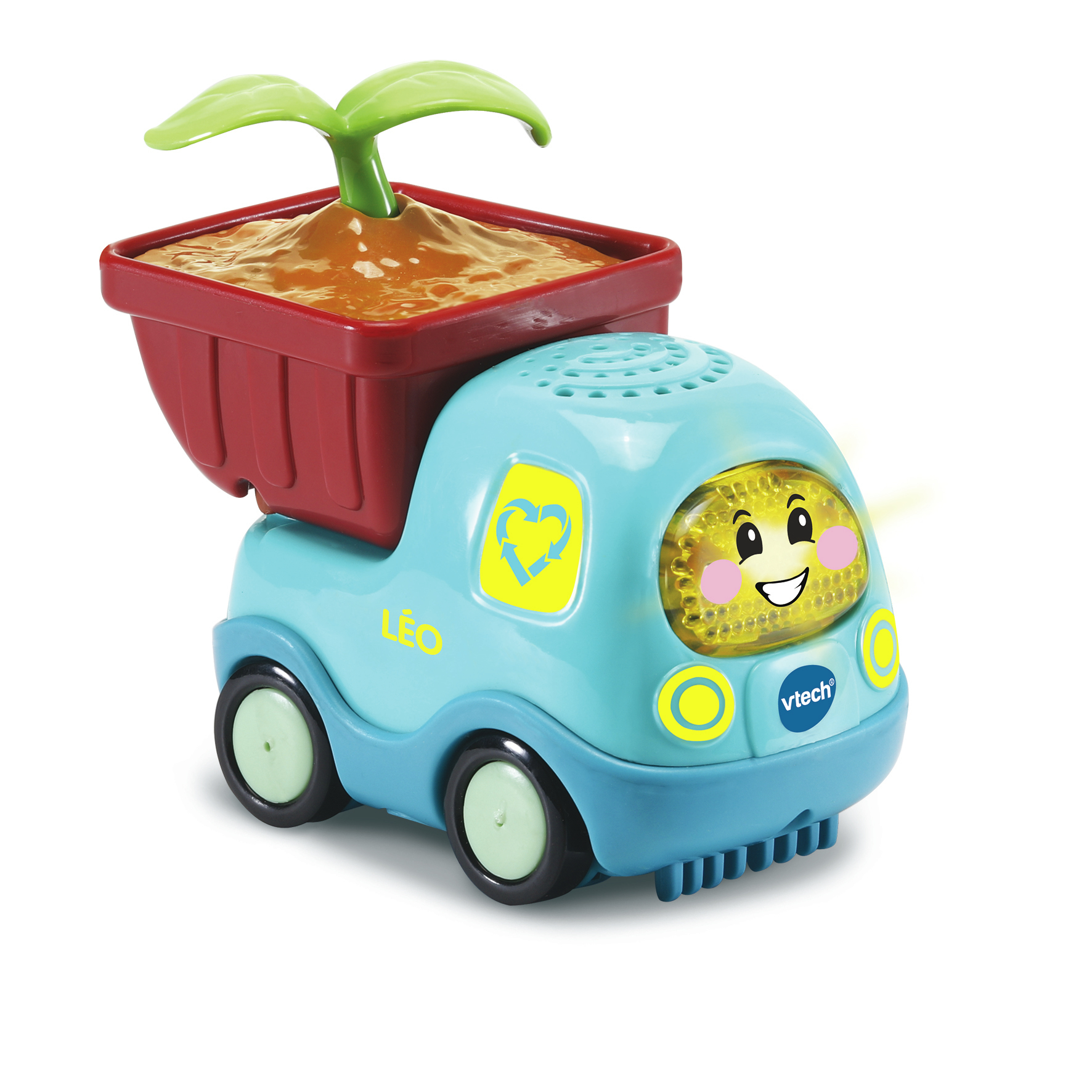 Niebieski samochodzik z uśmiechniętą buzią, czerwony pojemnik z ziemią i zieloną sadzonką, białe tło.