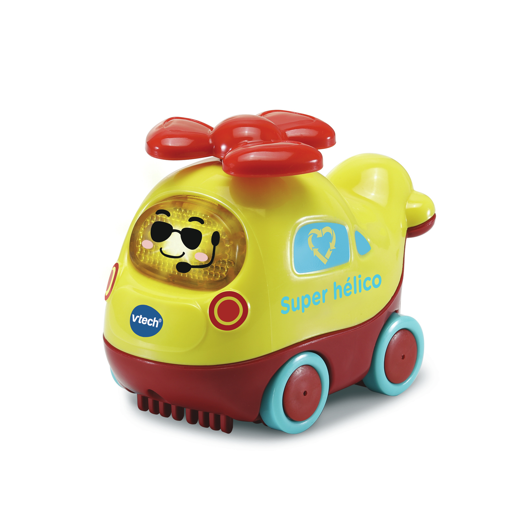 Żółty i czerwony helikopter zabawka z uśmiechniętą buzią. Czerwone łopaty wirnika u góry.