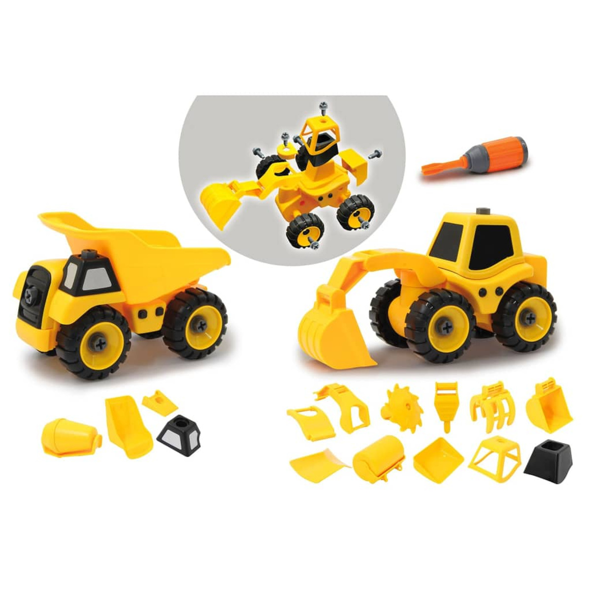 Żółty zestaw zabawek konstrukcyjnych z wieloma częściami i śrubokrętem.