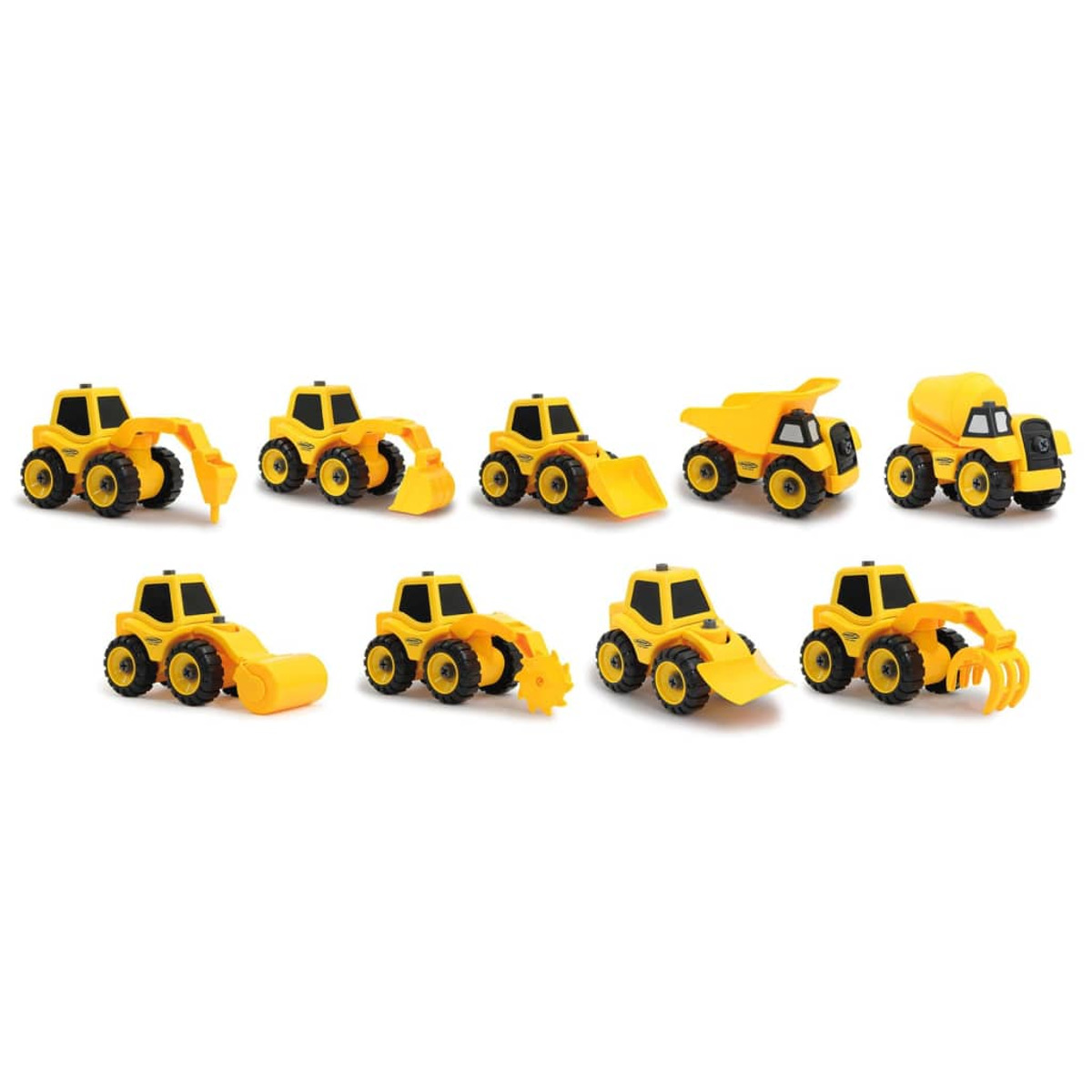 Zestaw żółtych pojazdów budowlanych, różne typy.