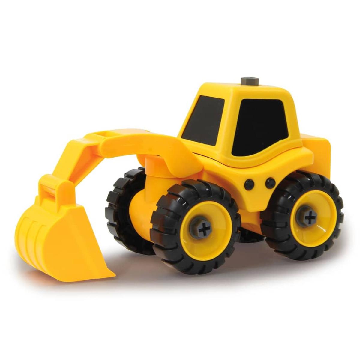 Żółta zabawka koparka z czarnymi oponami na białym tle.