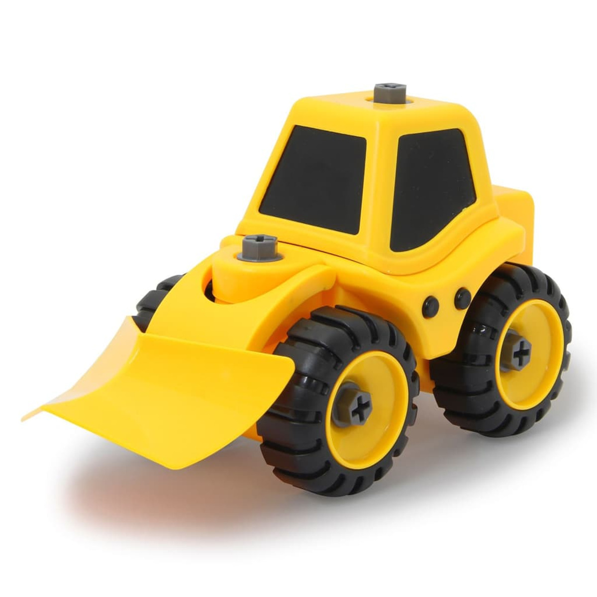 Żółta zabawka ładowarki czołowej z czarnymi oponami i czarną kabiną. Białe tło.