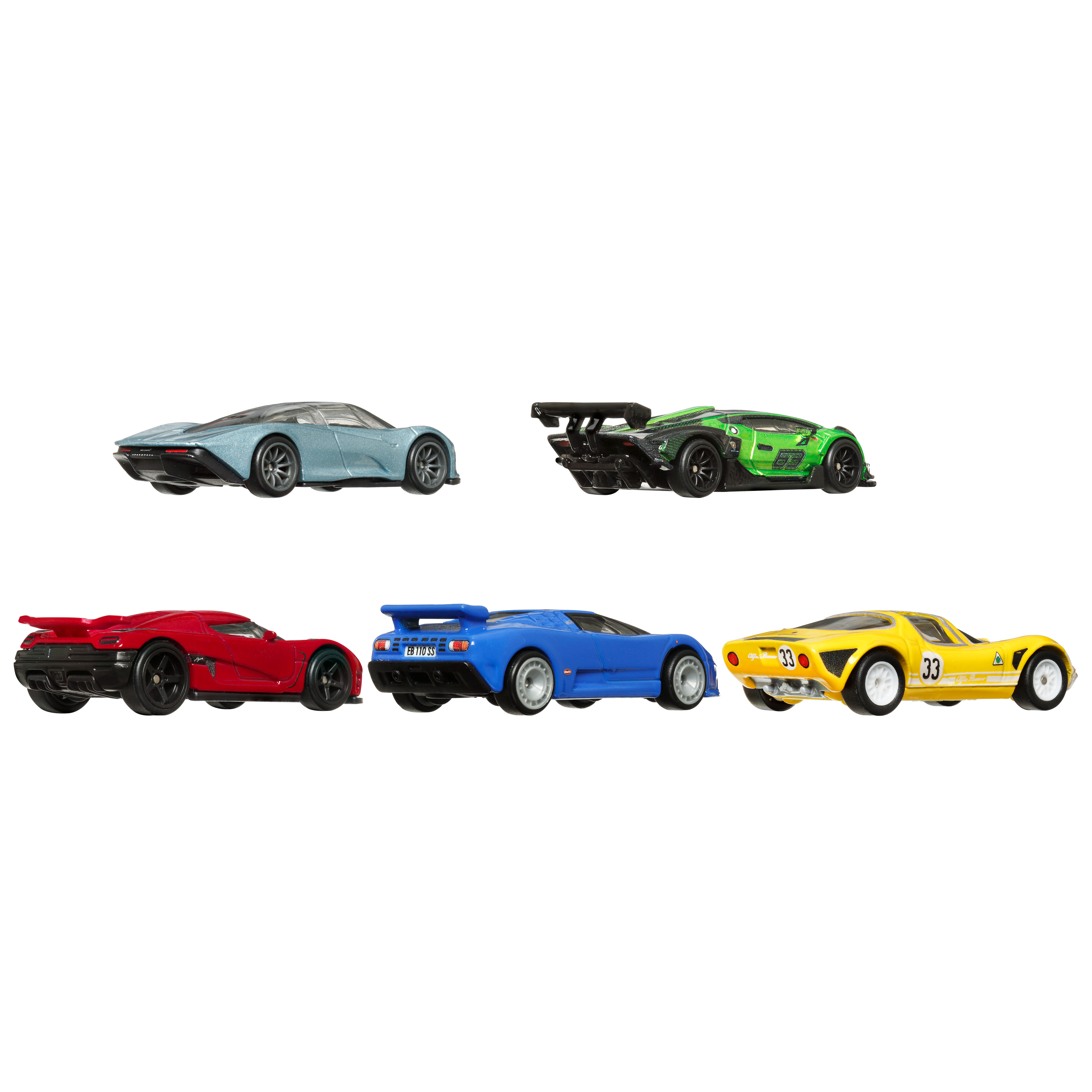 Kolekcja zabawek samochodowych. Różne kolory, w tym czerwony, srebrny, niebieski, zielony i żółty. Białe tło.