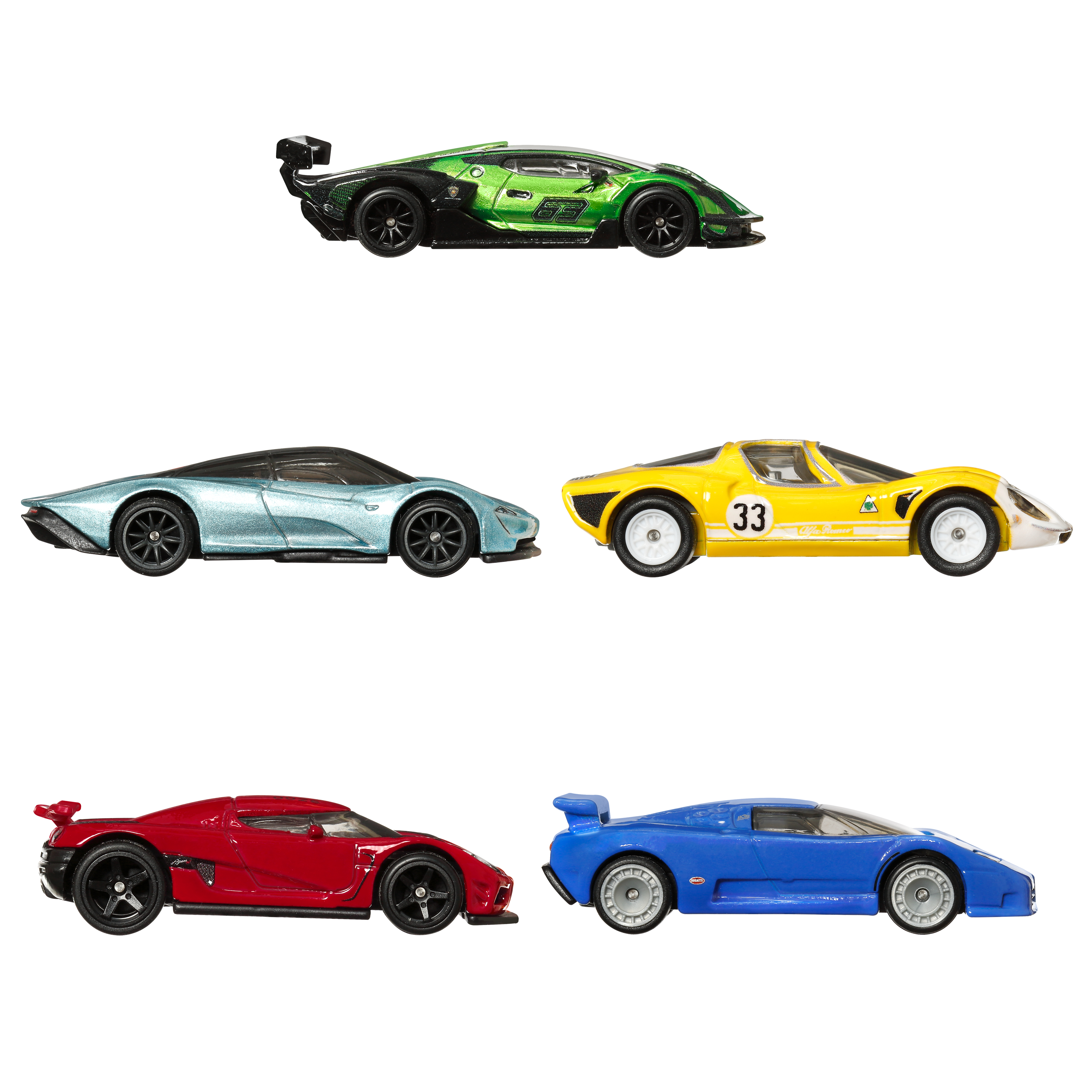 Pięć zabawek. Zielony samochód sportowy, niebieski samochód sportowy, żółty samochód wyścigowy i czerwony samochód sportowy.