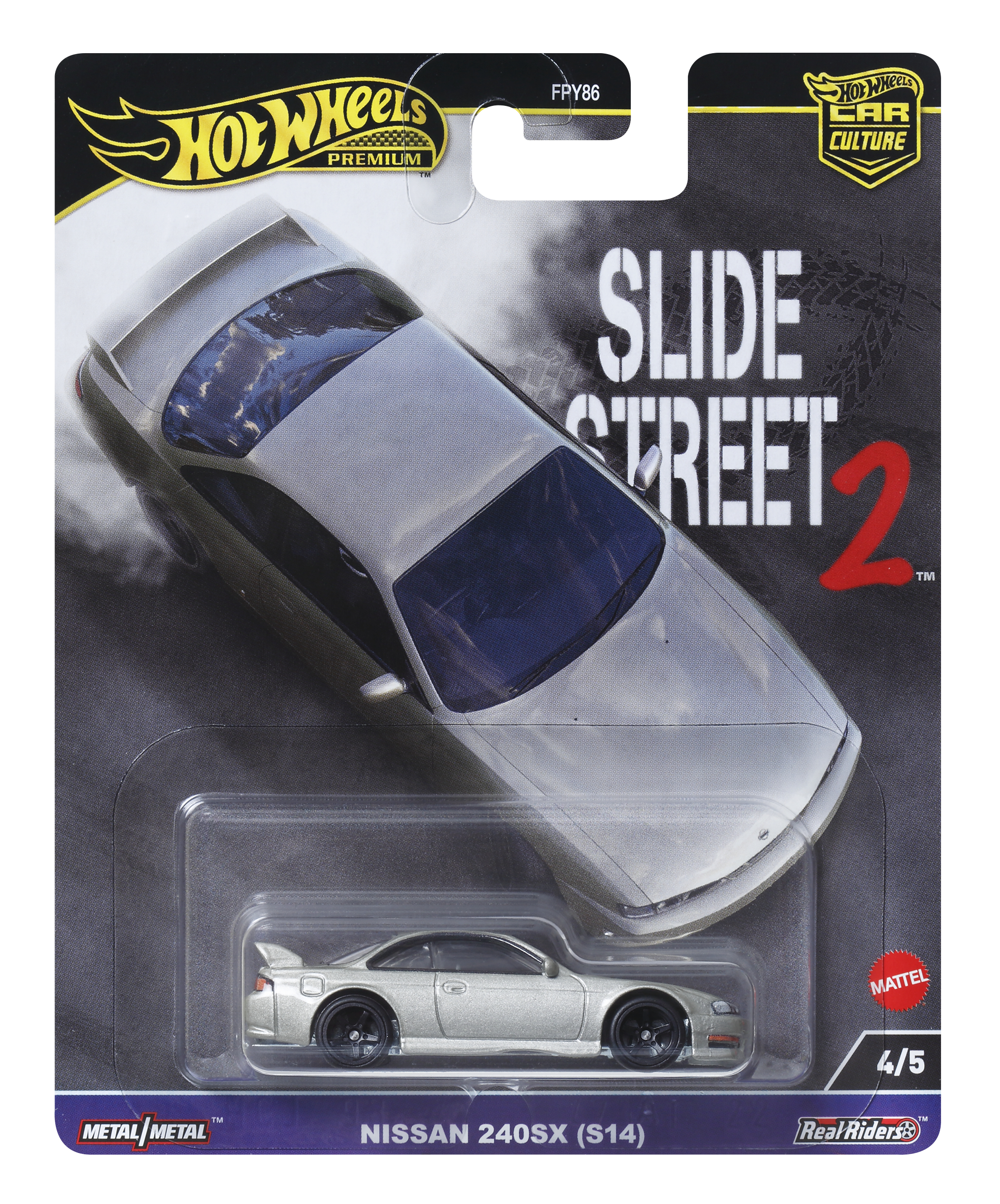 Spielzeugauto-Verpackung, schwarz und silber, Text 'Slide Street 2', Nissan 240SX (S14).