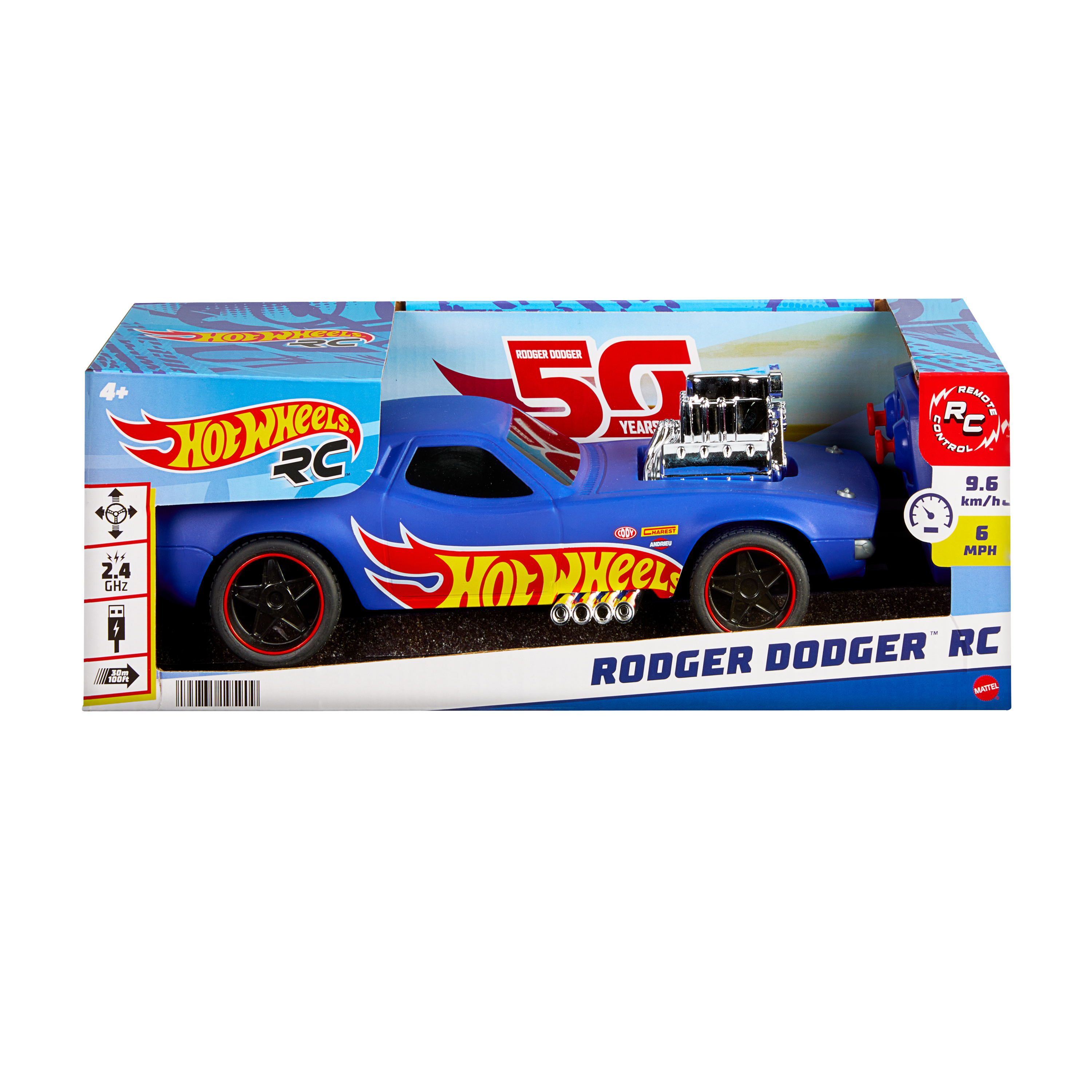Niebieski samochód Hot Wheels RC w pudełku. Zawiera słowa 'Rodger Dodger RC' i 'Hot Wheels'.