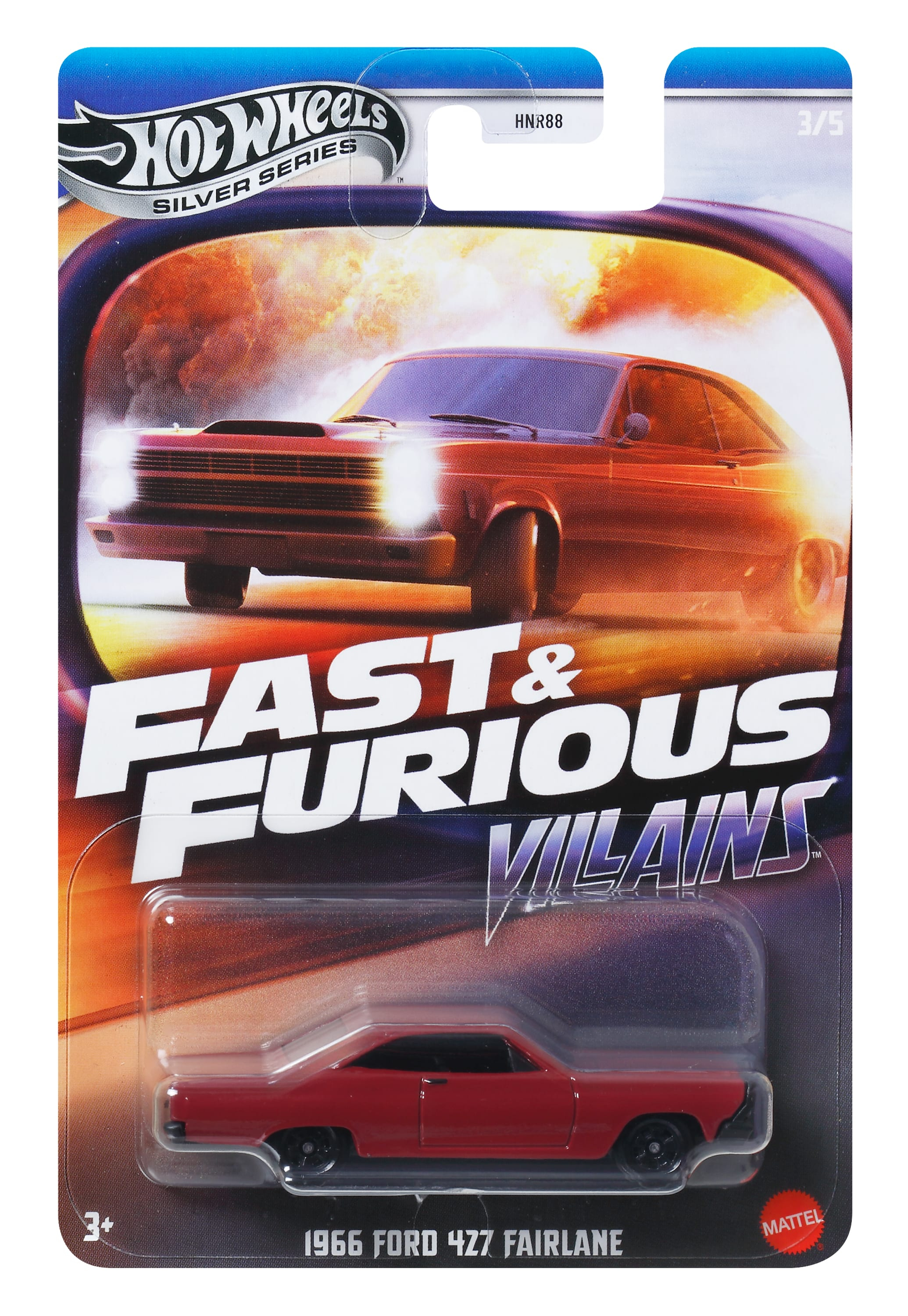 Coche Hot Wheels en tarjeta. Se ven 'Fast & Furious Villains' y '1966 Ford 427 Fairlane'.