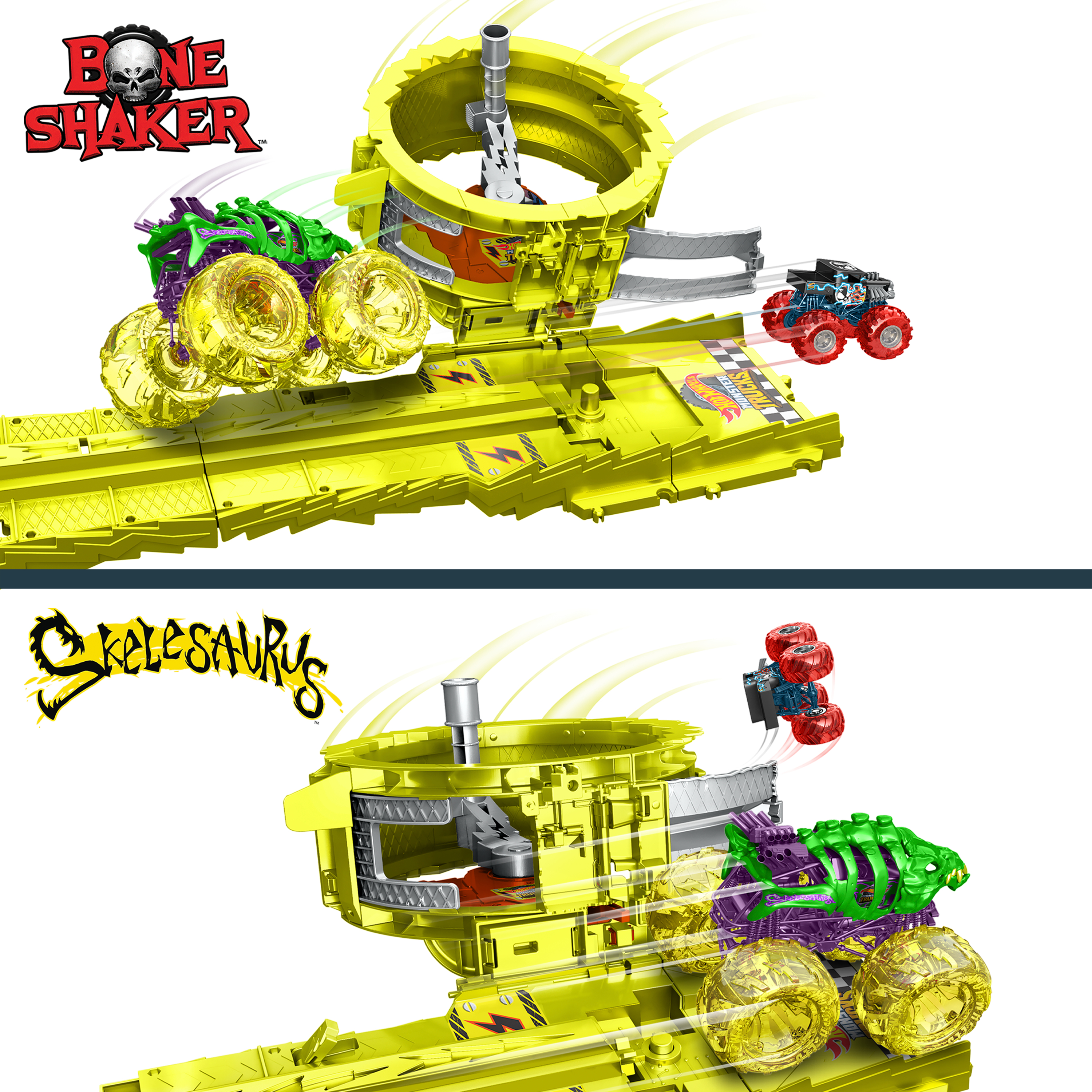 Dwa tory z monster truckami. Na torze fioletowy i czerwony monster truck.