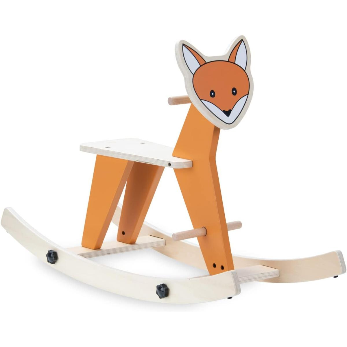 Un giocattolo a dondolo a forma di volpe in legno con colori arancione e crema.