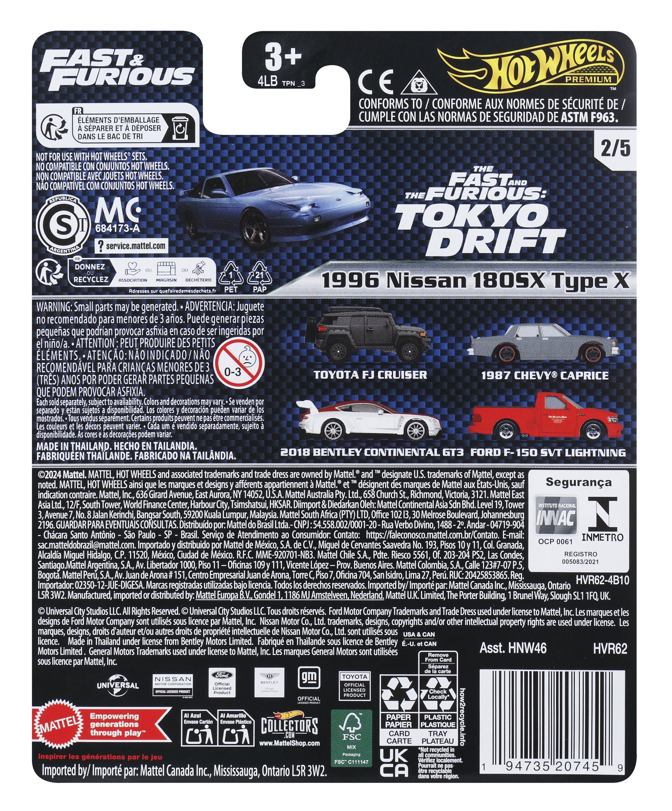 Tył opakowania zabawkowego samochodu z wieloma obrazami i tekstem. Zawiera marki Hot Wheels i Fast & Furious.