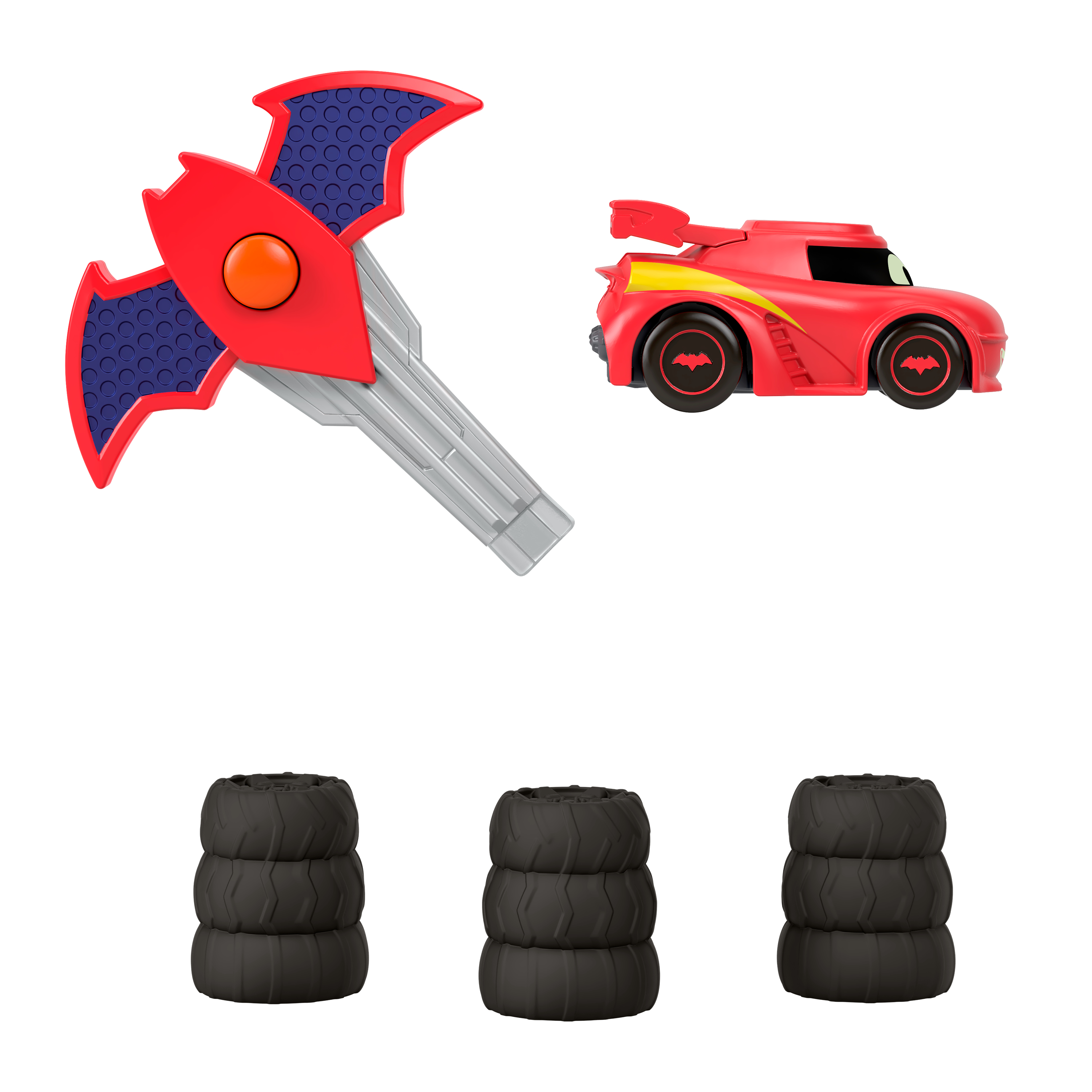 Czerwona zabawka Batmobil z czerwonym akcesorium w kształcie nietoperza i stosami czarnych opon.