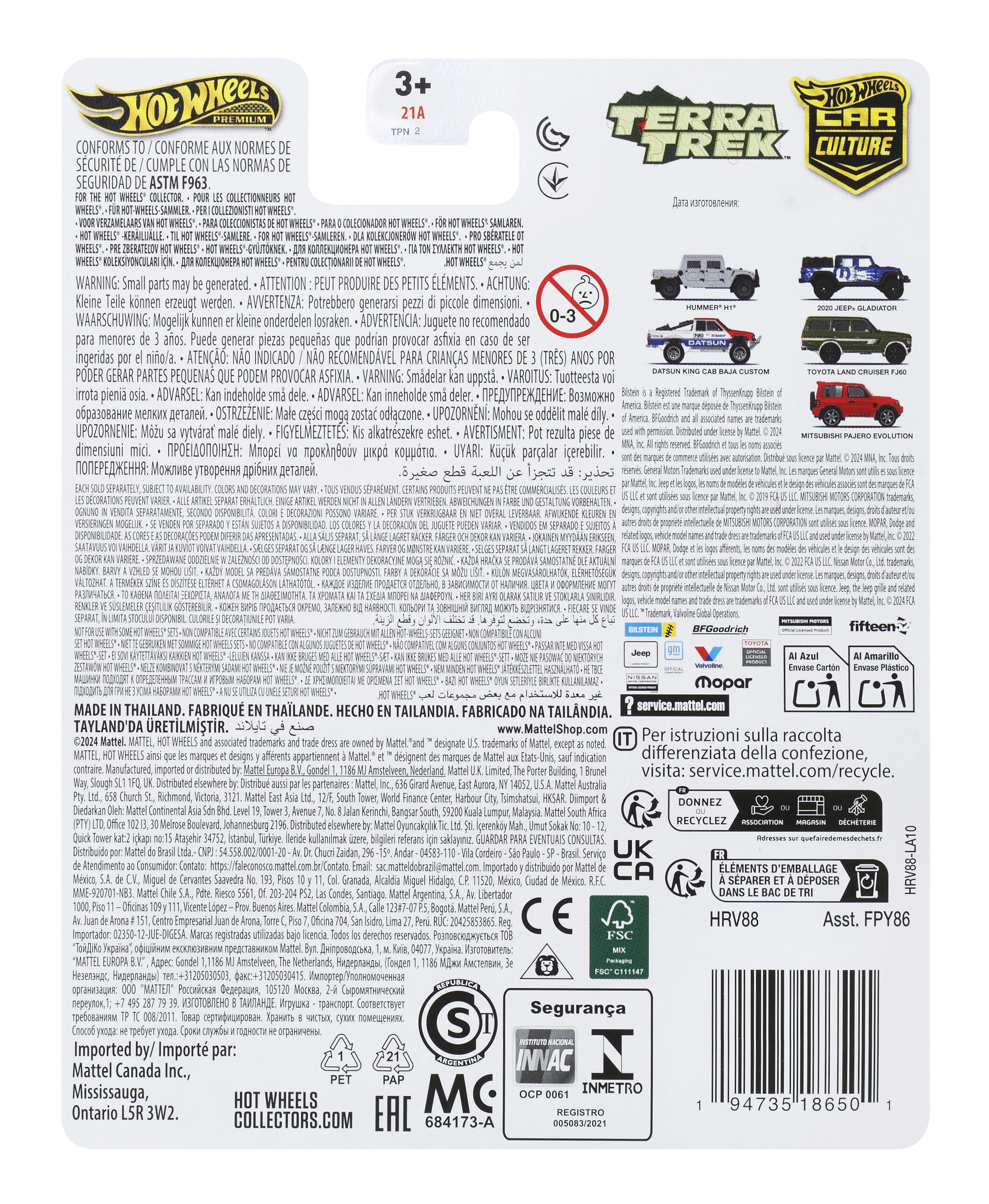 Rückseite einer Hot Wheels-Verpackung mit Automodellen und Sicherheitshinweisen.