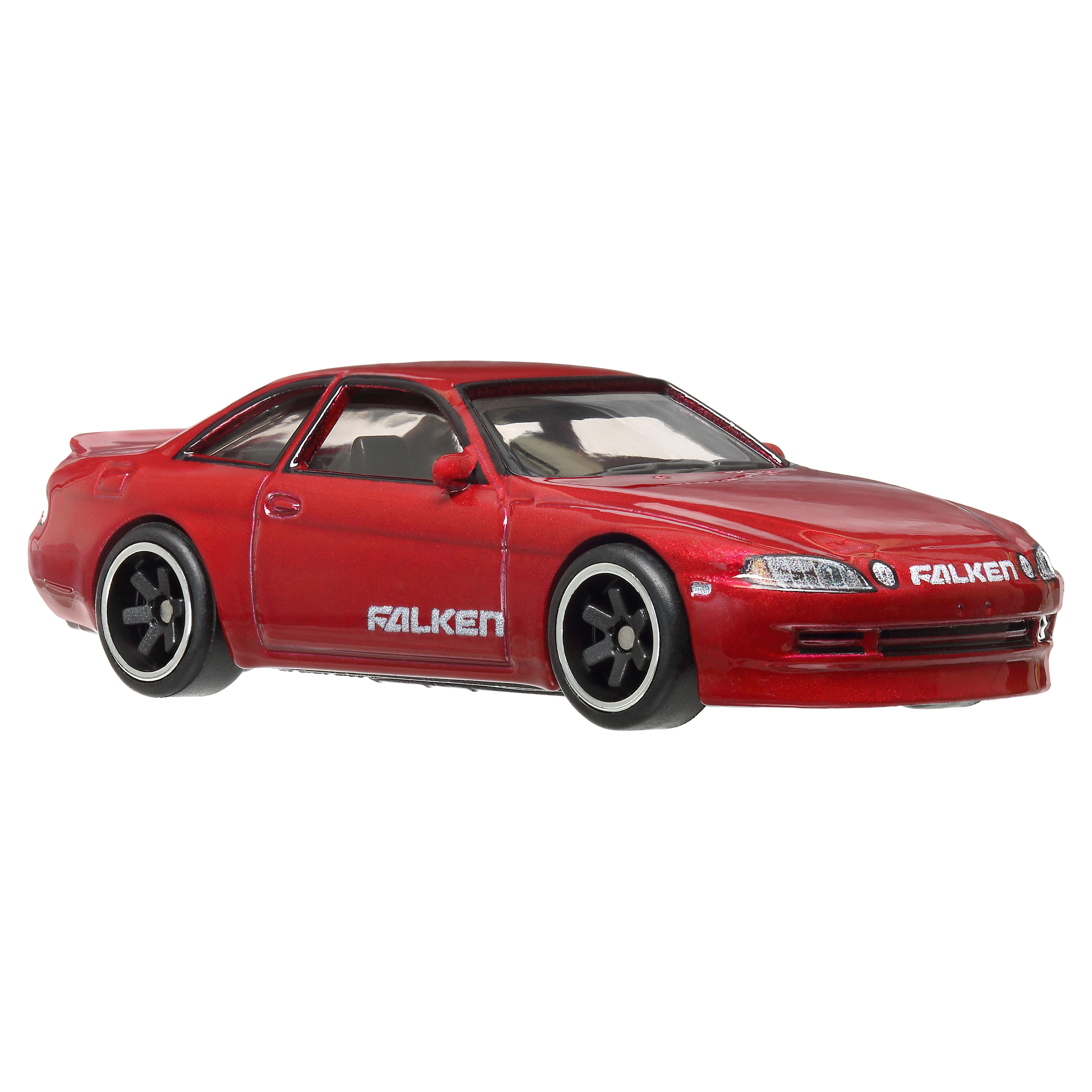 Rotes Spielzeugauto mit Falken-Logo. Schwarze Räder und sportliches Design.
