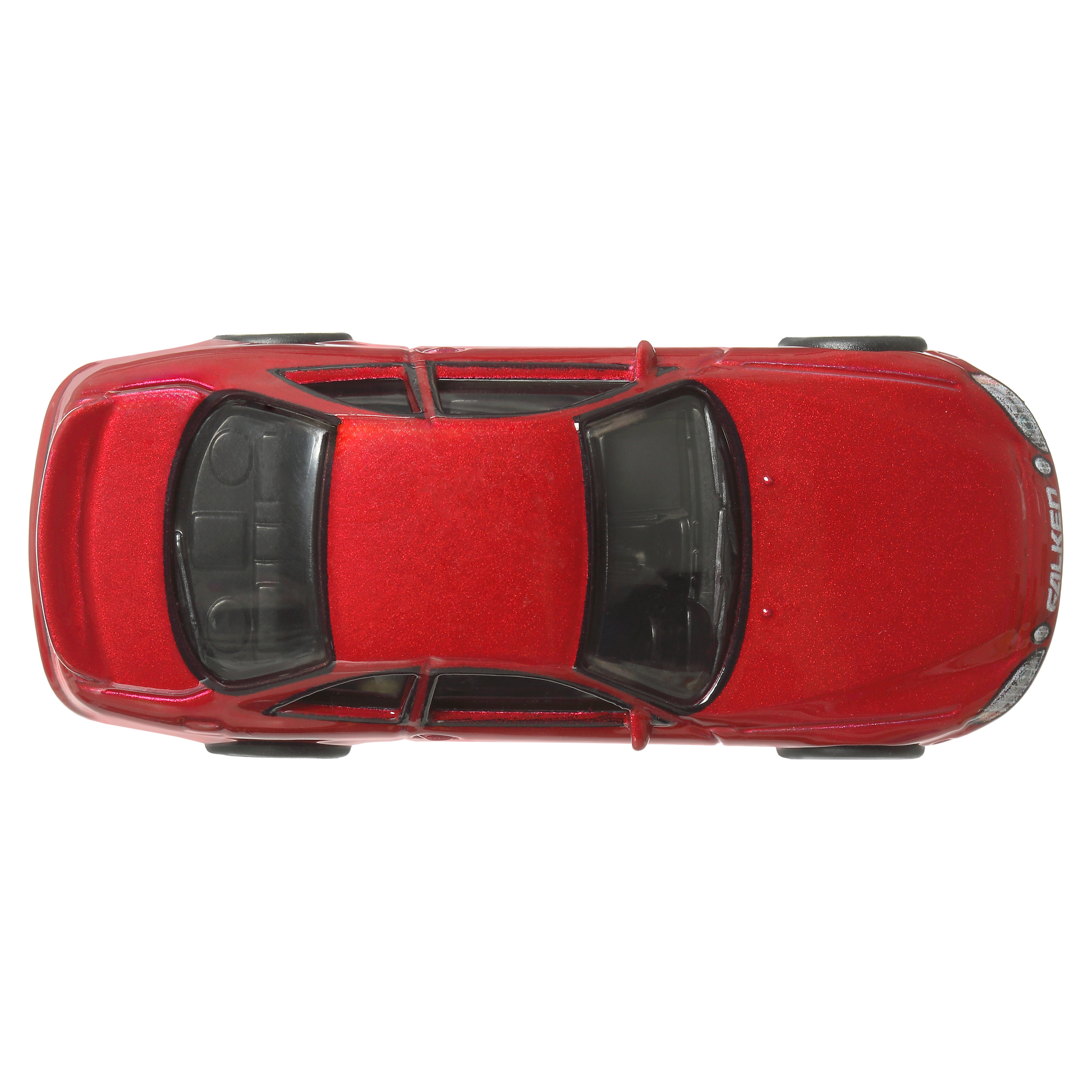 Draufsicht auf ein rotes Spielzeugauto mit dem Wort 'Falken' an der Seite, isoliert auf Weiß.