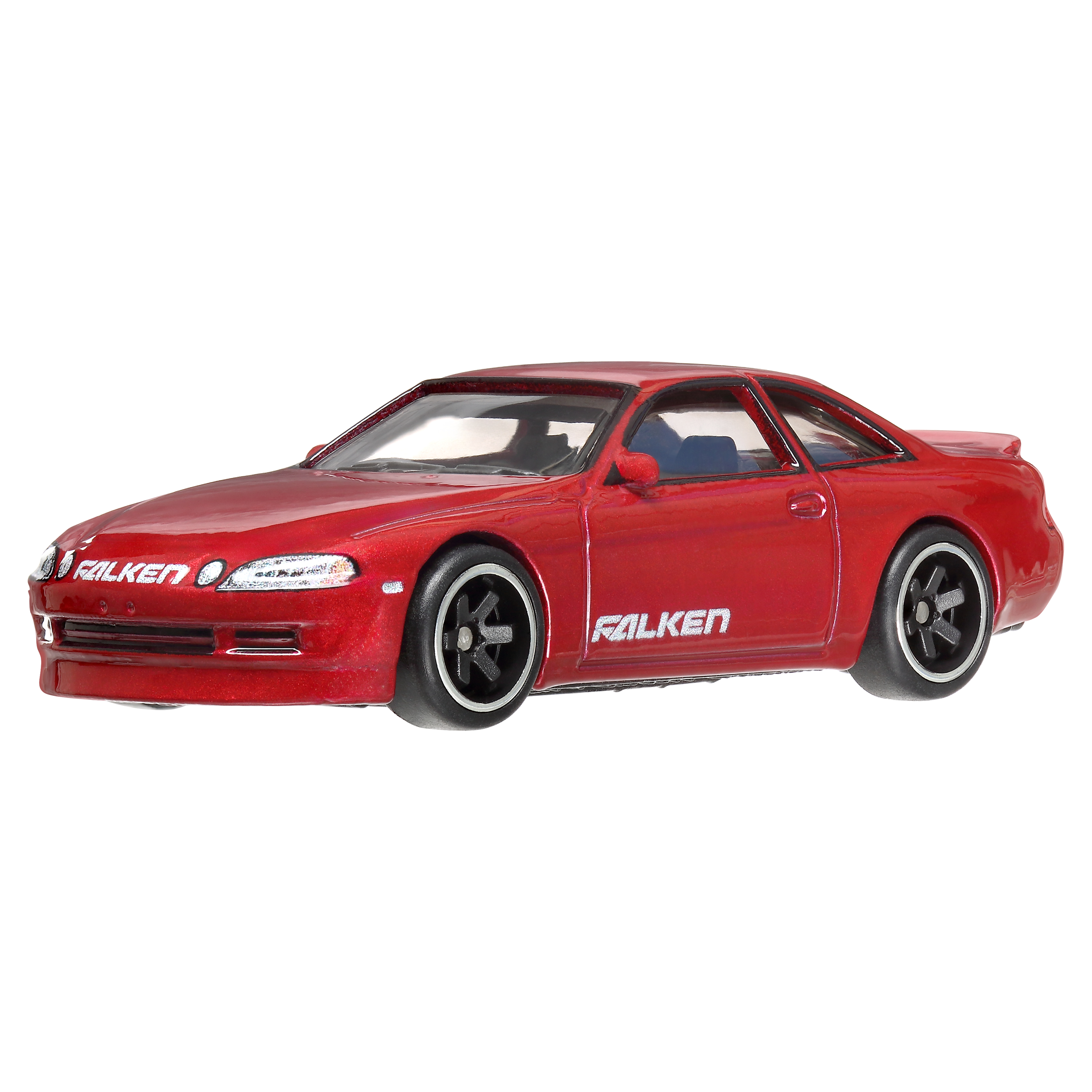 Rotes Spielzeugauto mit schwarzen Rädern und weißem 'Falken'-Text. Es hat ein schlankes Design und einen weißen Hintergrund.