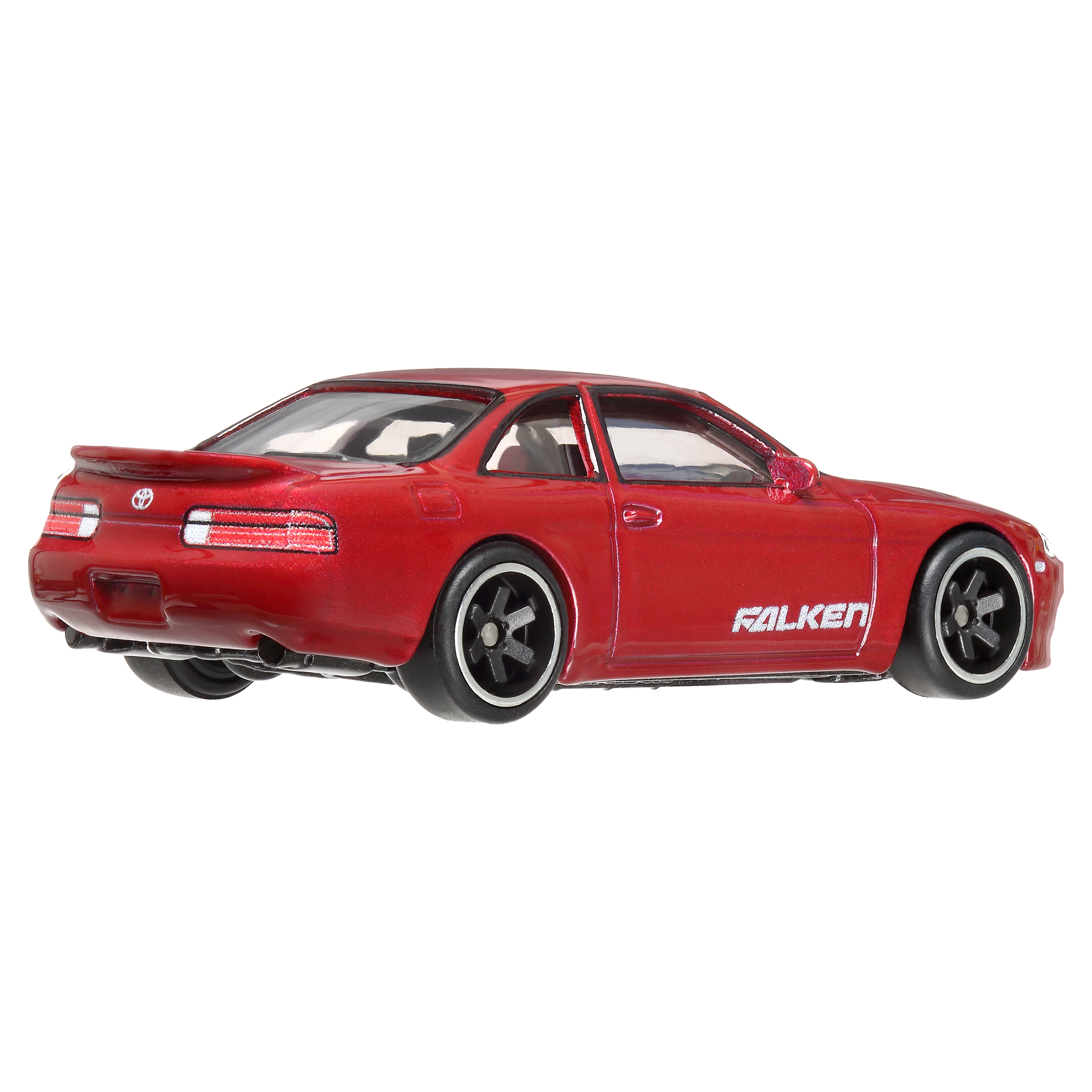 Rotes Spielzeugauto mit Falken auf der Seite und Heckspoiler, auf weißem Hintergrund.