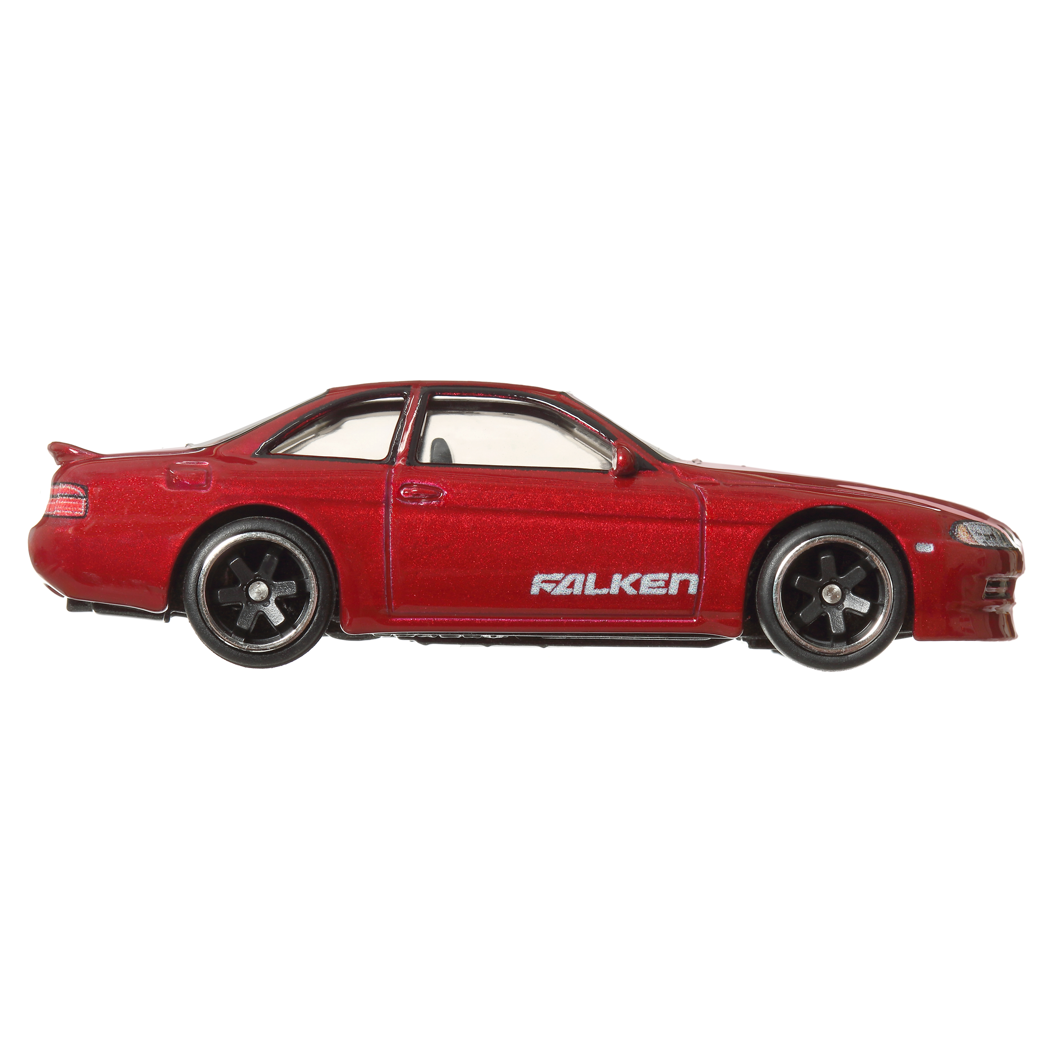 Ein rotes Spielzeug-Sportauto mit dem Wort 'FALKEN' an der Seite. Das Auto ist glänzend und vor weißem Hintergrund.