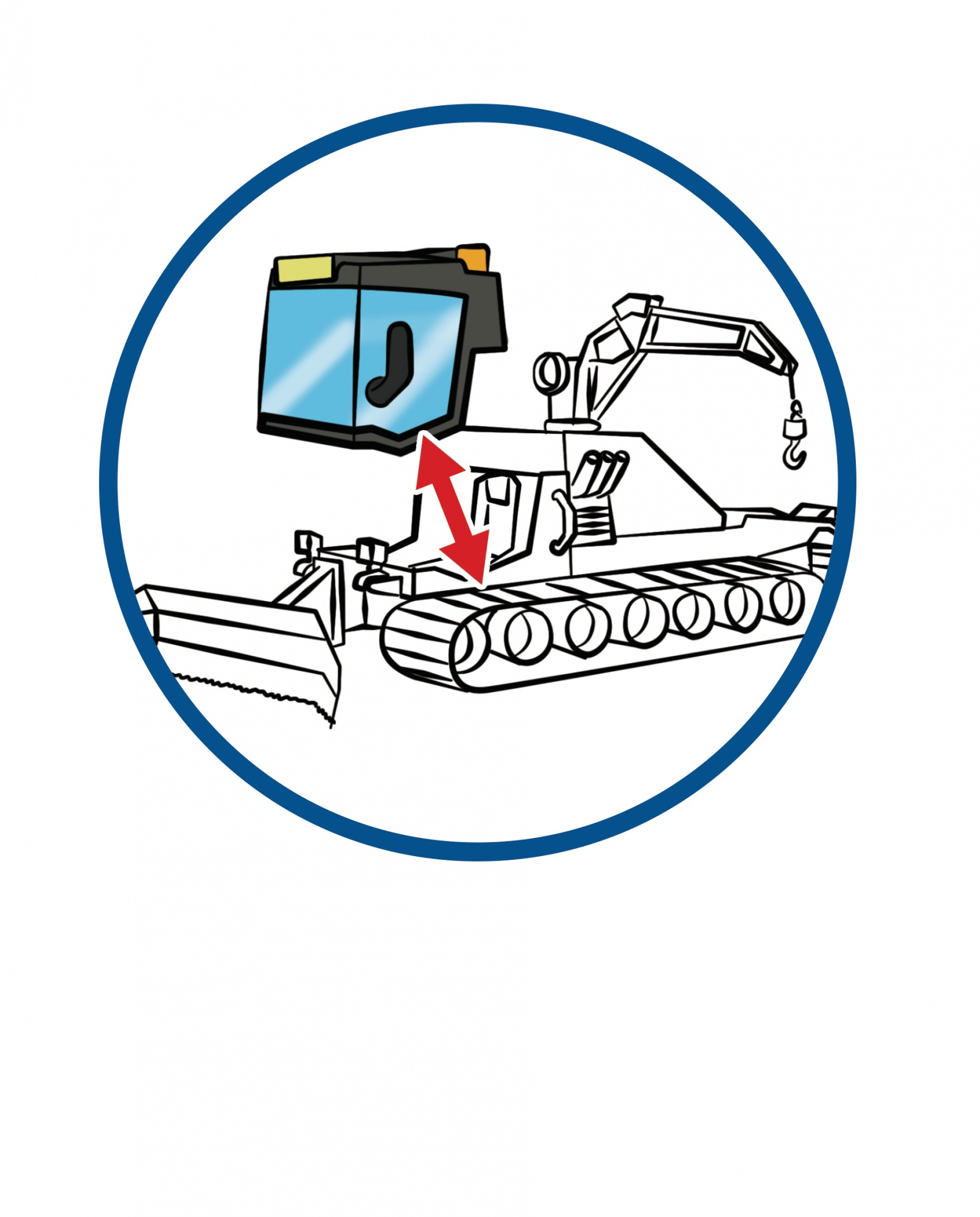 Ilustracja pojazdu budowlanego z niebieskim obrysem koła. Białe tło.