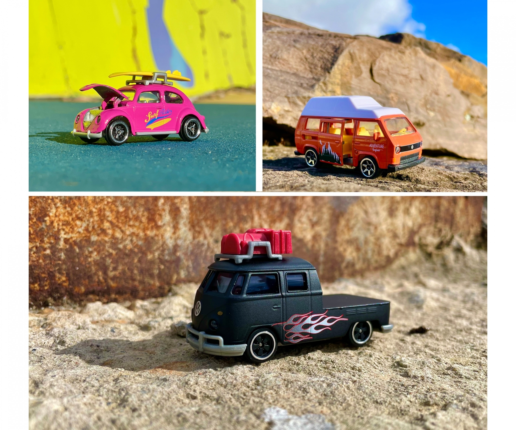 Trzy zabawki pojazdów na powierzchni: różowy Beetle z deską surfingową, pomarańczowy van i czarna ciężarówka z płomieniami.