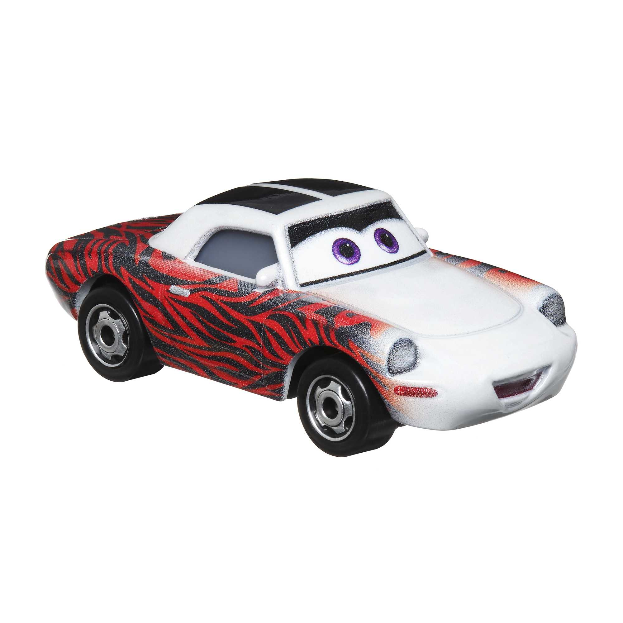 Ein Spielzeugauto mit weißem Dach, rotem Zebrastreifenmuster und schwarzen Rädern.