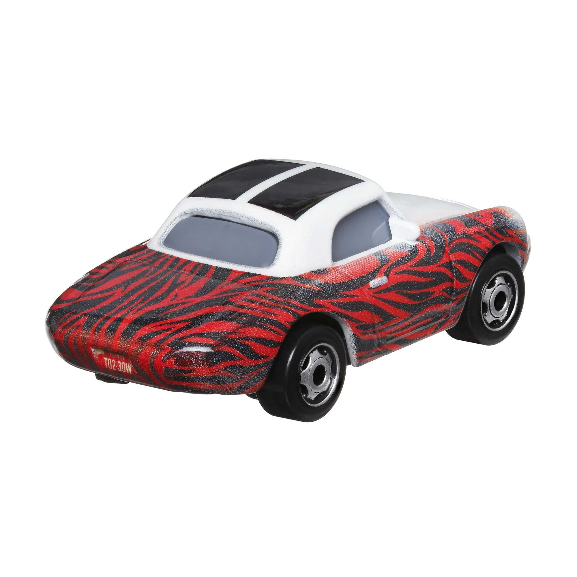 Ein kleines weißes Auto mit rot-schwarzen Zebrastreifen wird gezeigt.